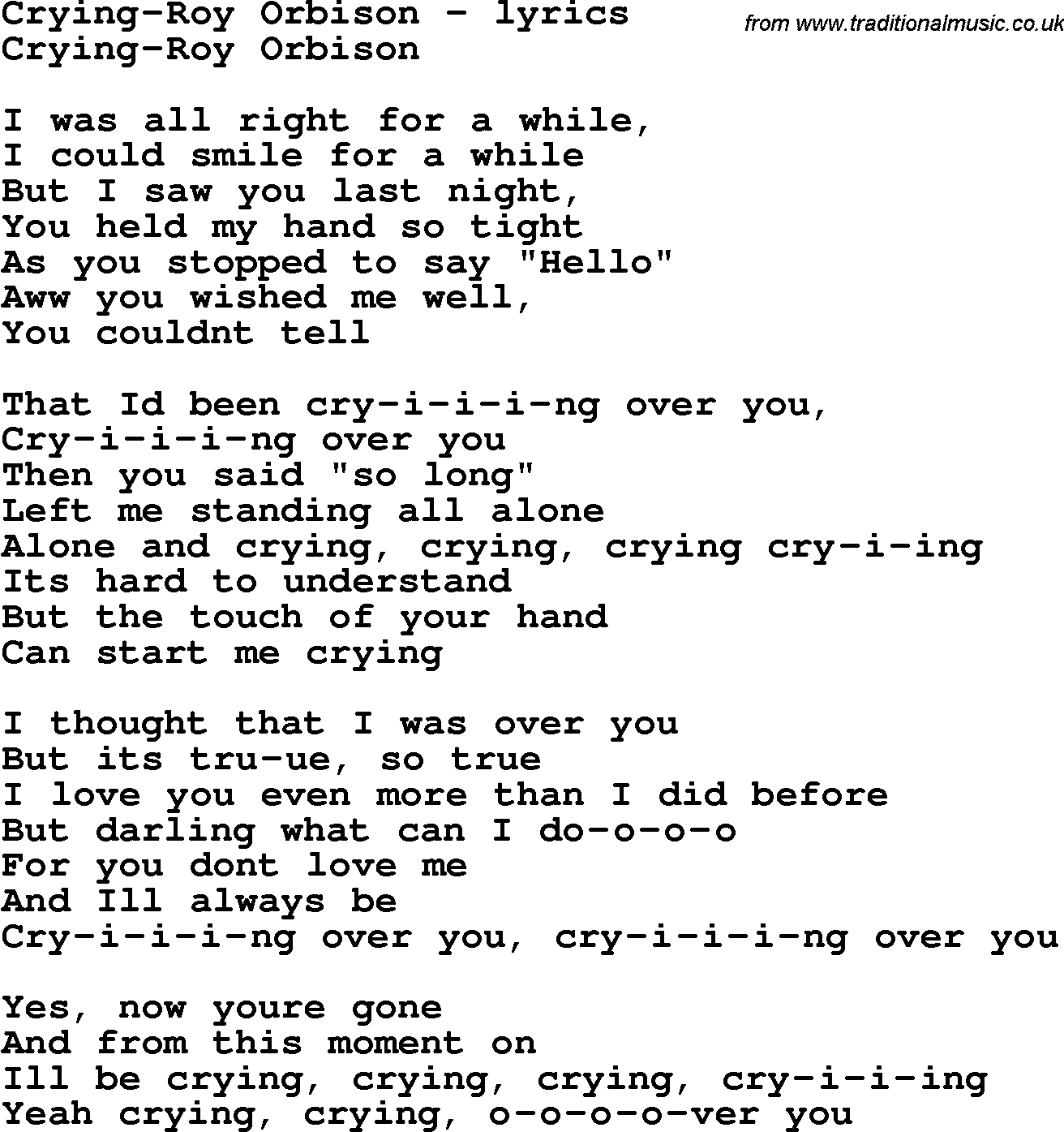 Love Song Lyrics for: Crying-Roy Orbison