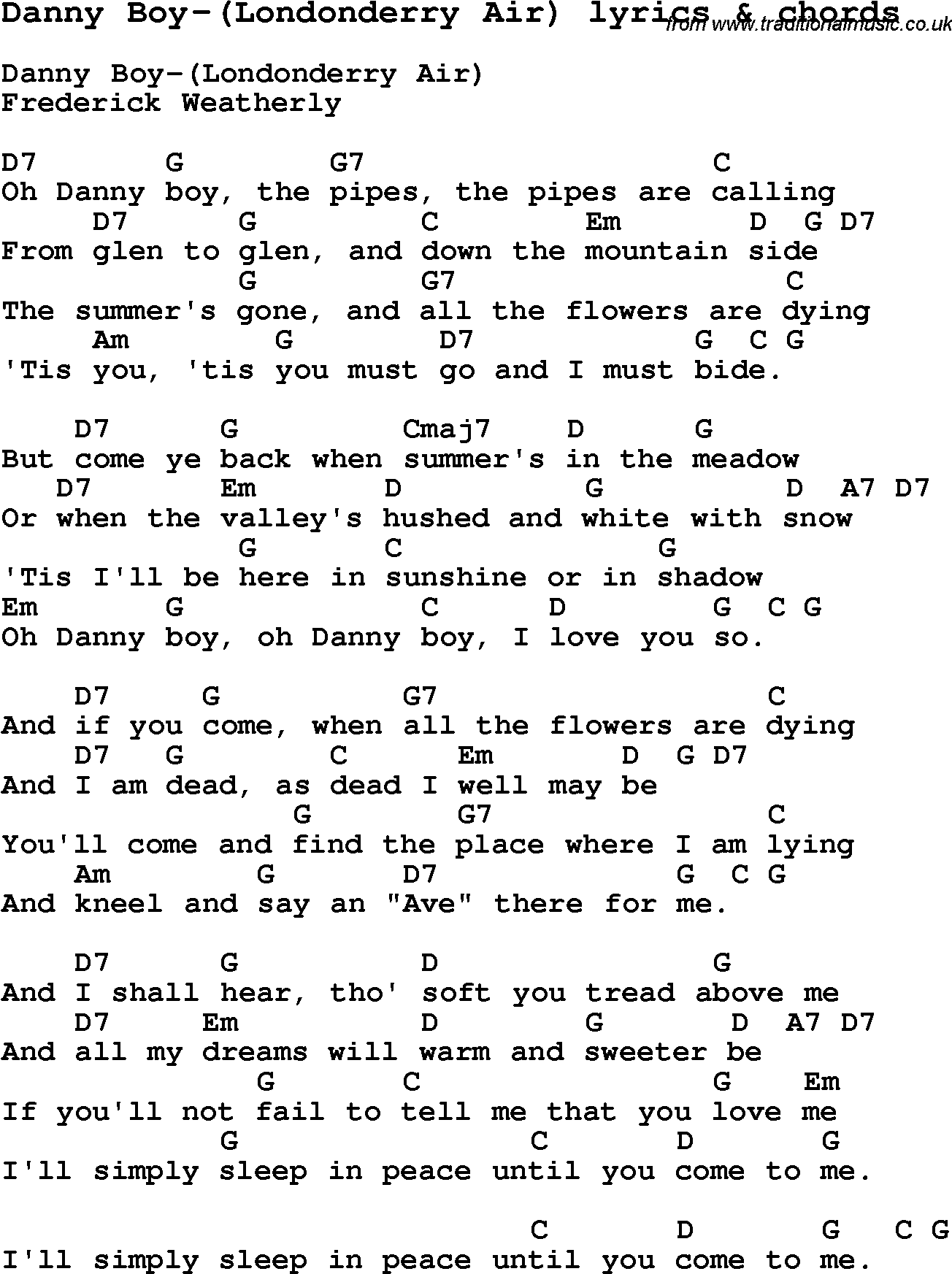 Love Song Lyrics for: Danny Boy-(Londonderry Air) with chords for Ukulele, Guitar Banjo etc.