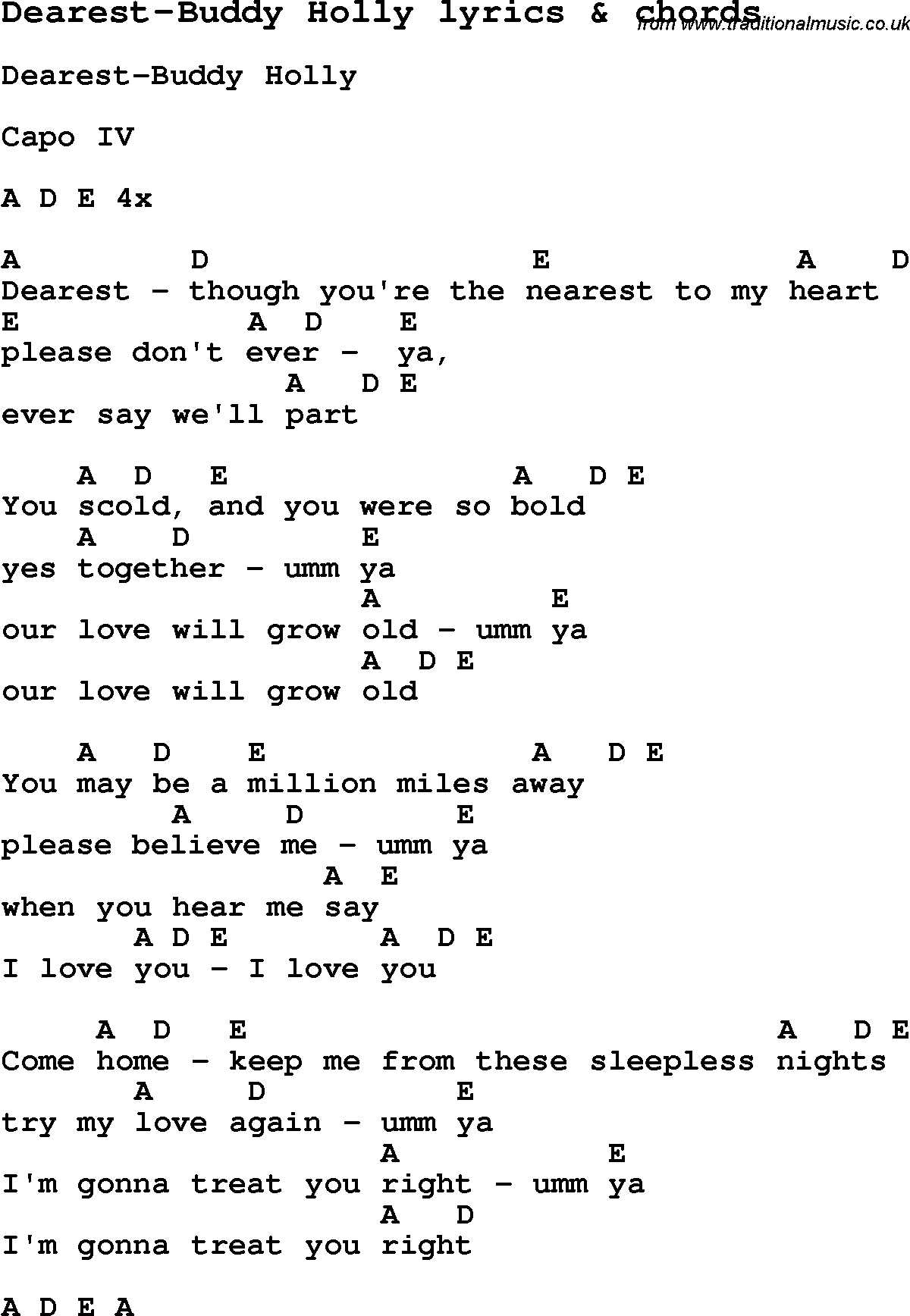 Love Song Lyrics for: Dearest-Buddy Holly with chords for Ukulele, Guitar Banjo etc.