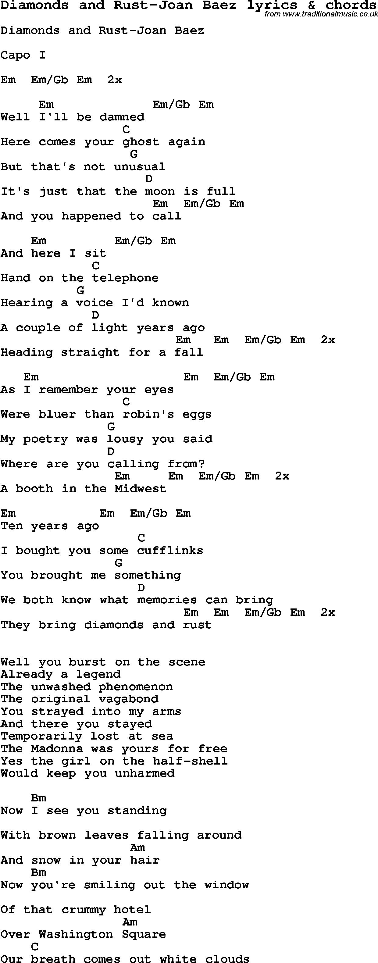 Love Song Lyrics for: Diamonds and Rust-Joan Baez with chords for Ukulele, Guitar Banjo etc.