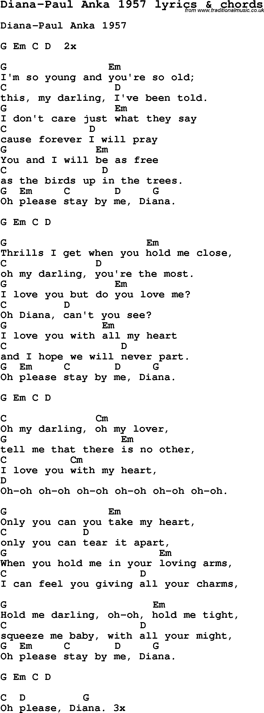 Love Song Lyrics for: Diana-Paul Anka 1957 with chords for Ukulele, Guitar Banjo etc.