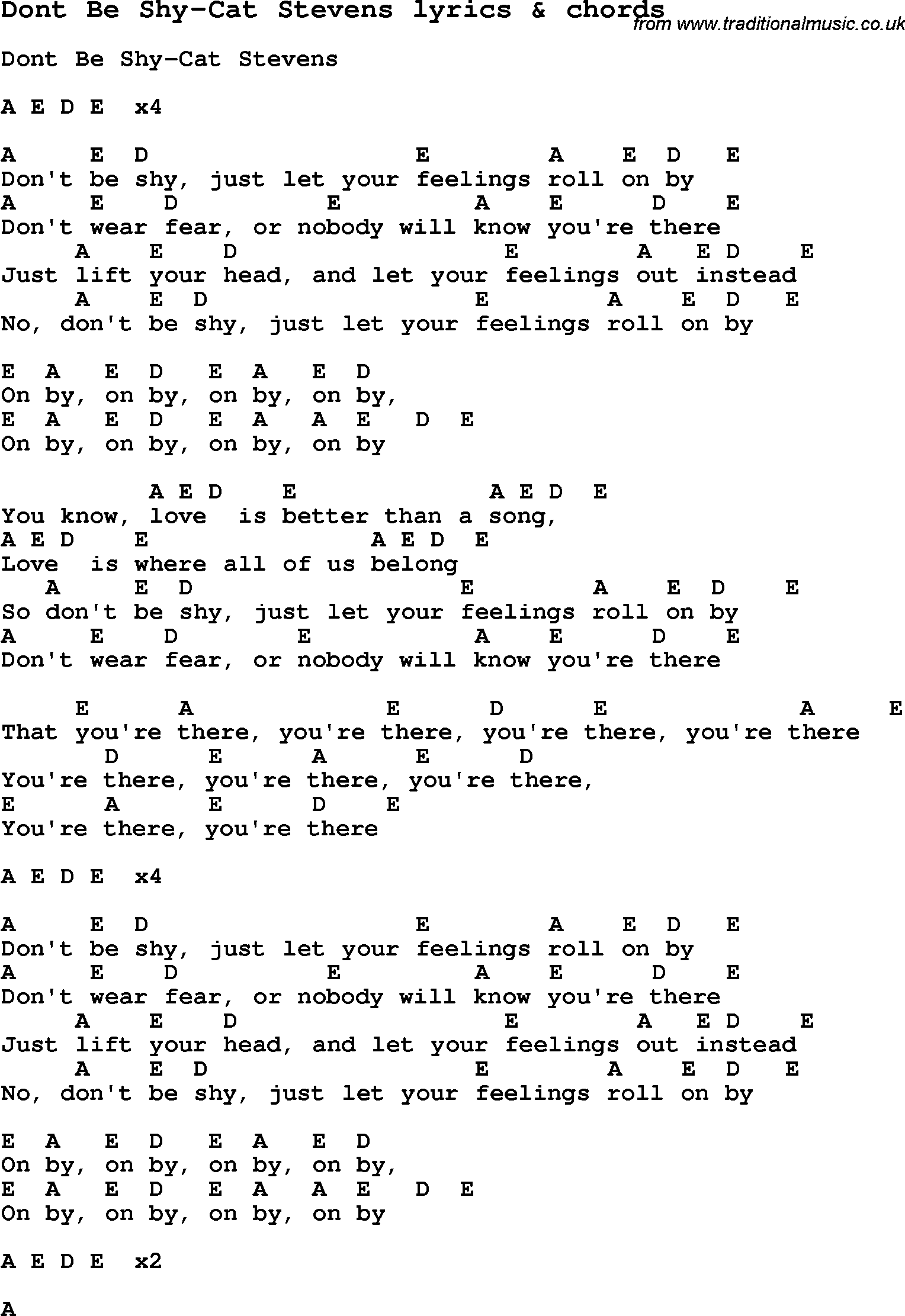 Love Song Lyrics for: Dont Be Shy-Cat Stevens with chords for Ukulele, Guitar Banjo etc.