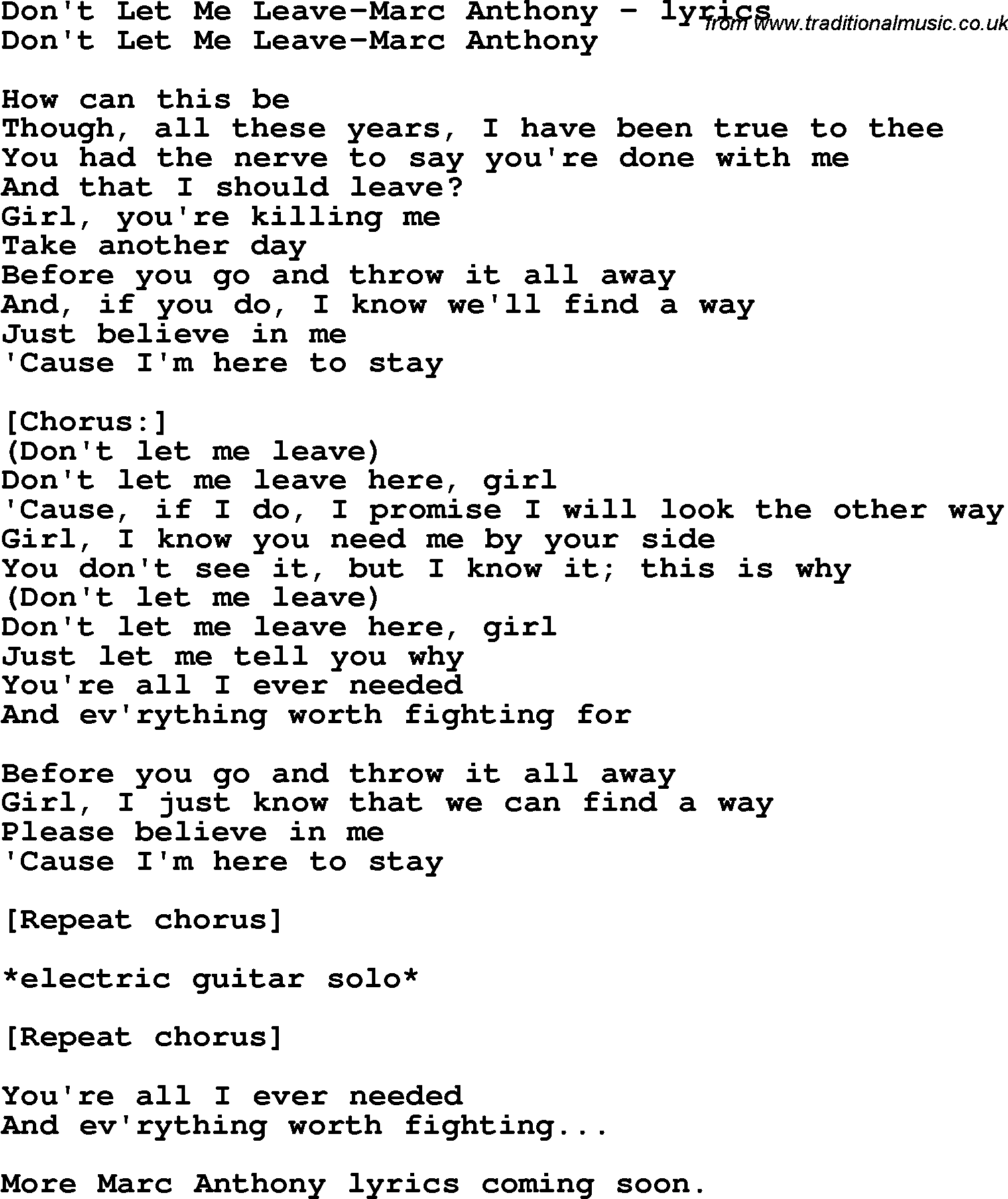 Love Song Lyrics for: Don't Let Me Leave-Marc Anthony