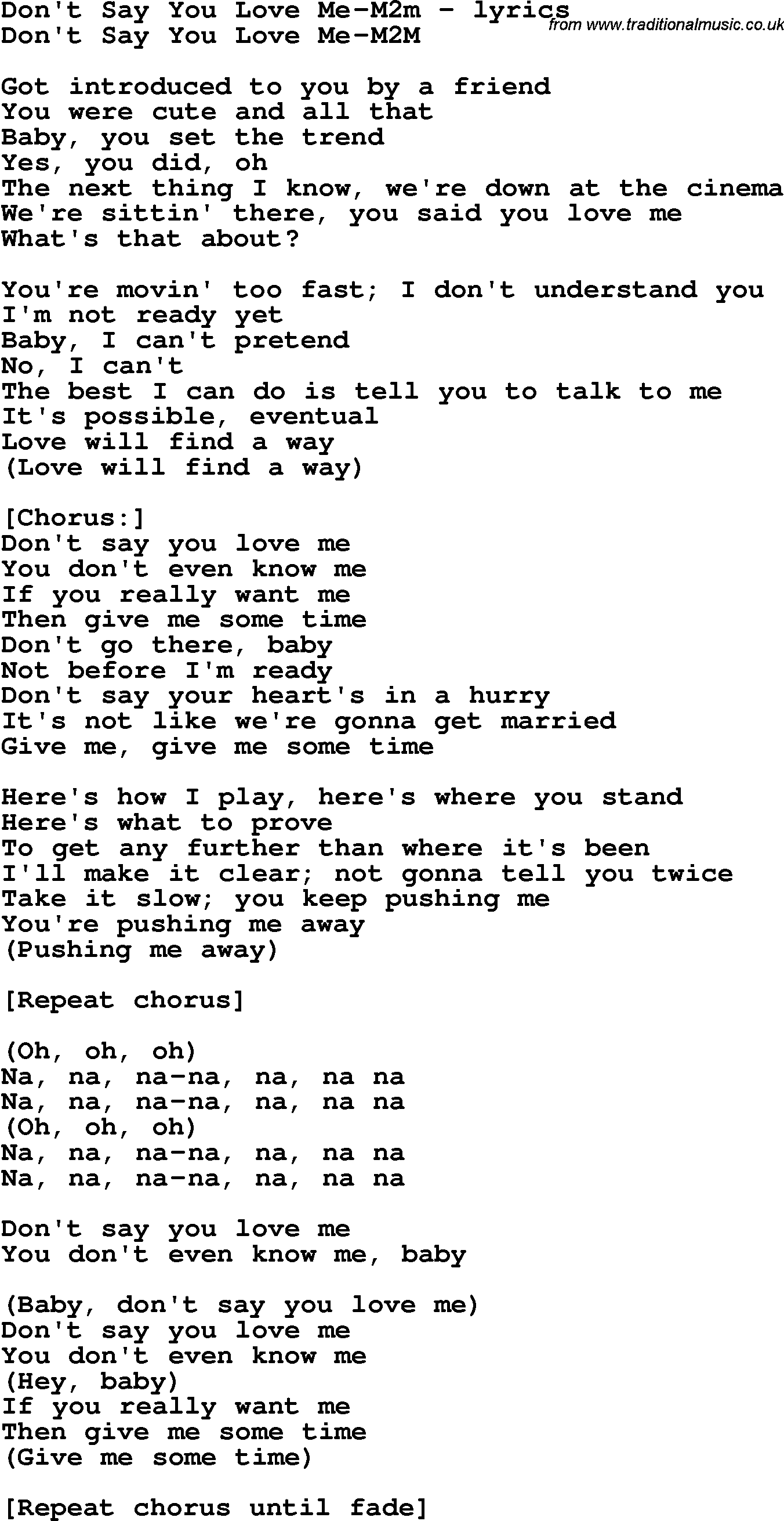 Love Song Lyrics for: Don't Say You Love Me-M2m