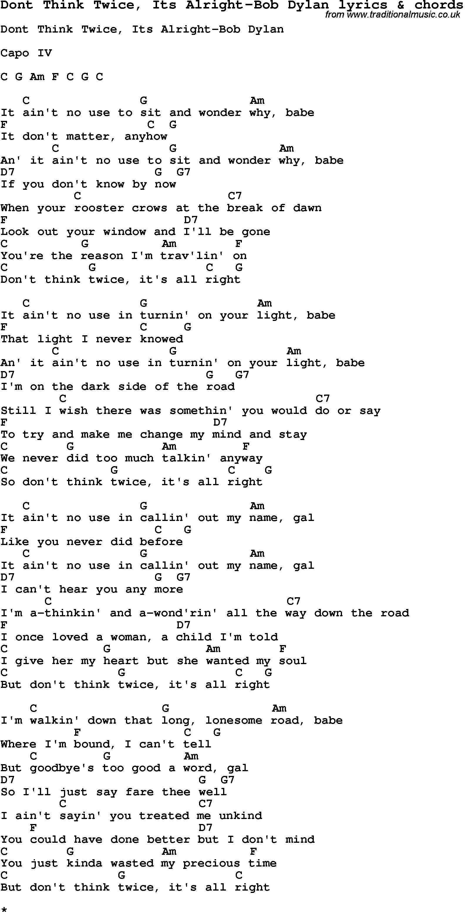 Love Song Lyrics for: Dont Think Twice, Its Alright-Bob Dylan with chords for Ukulele, Guitar Banjo etc.
