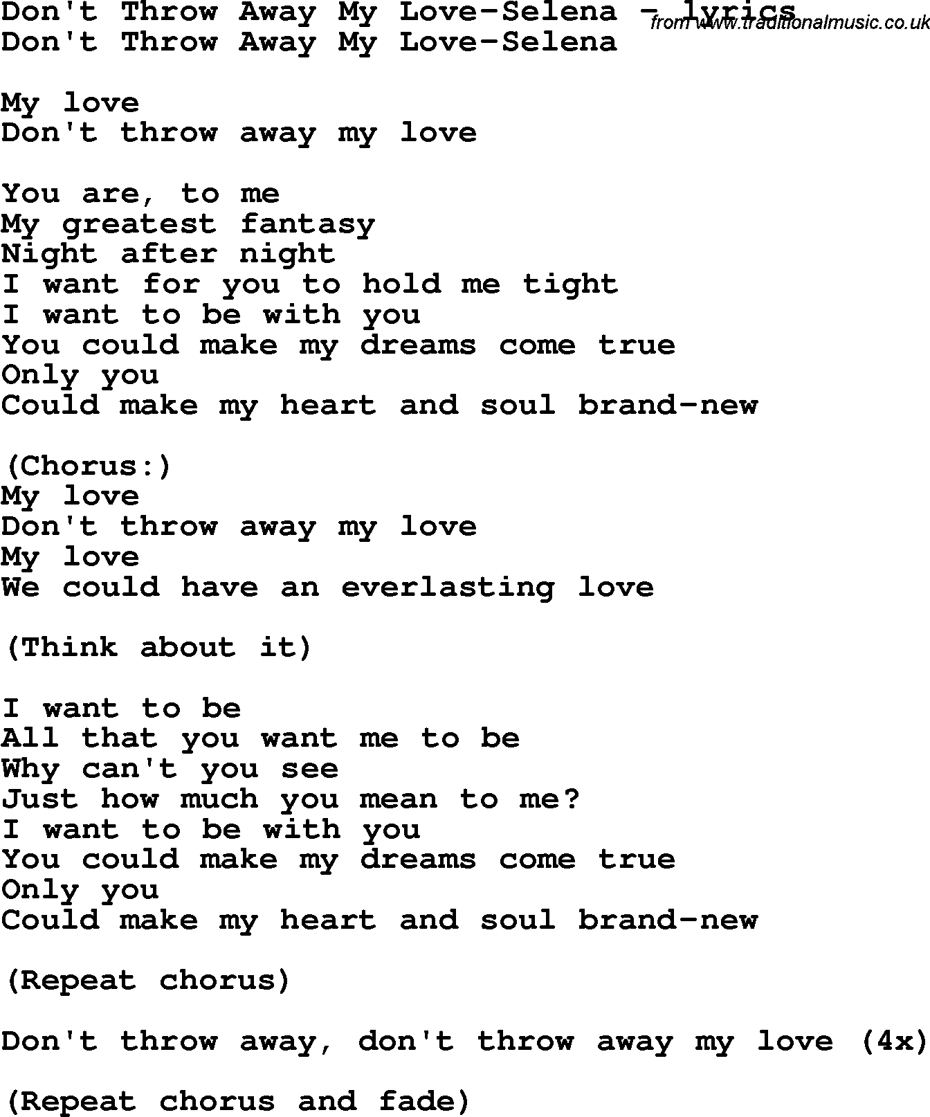 Love Song Lyrics for: Don't Throw Away My Love-Selena