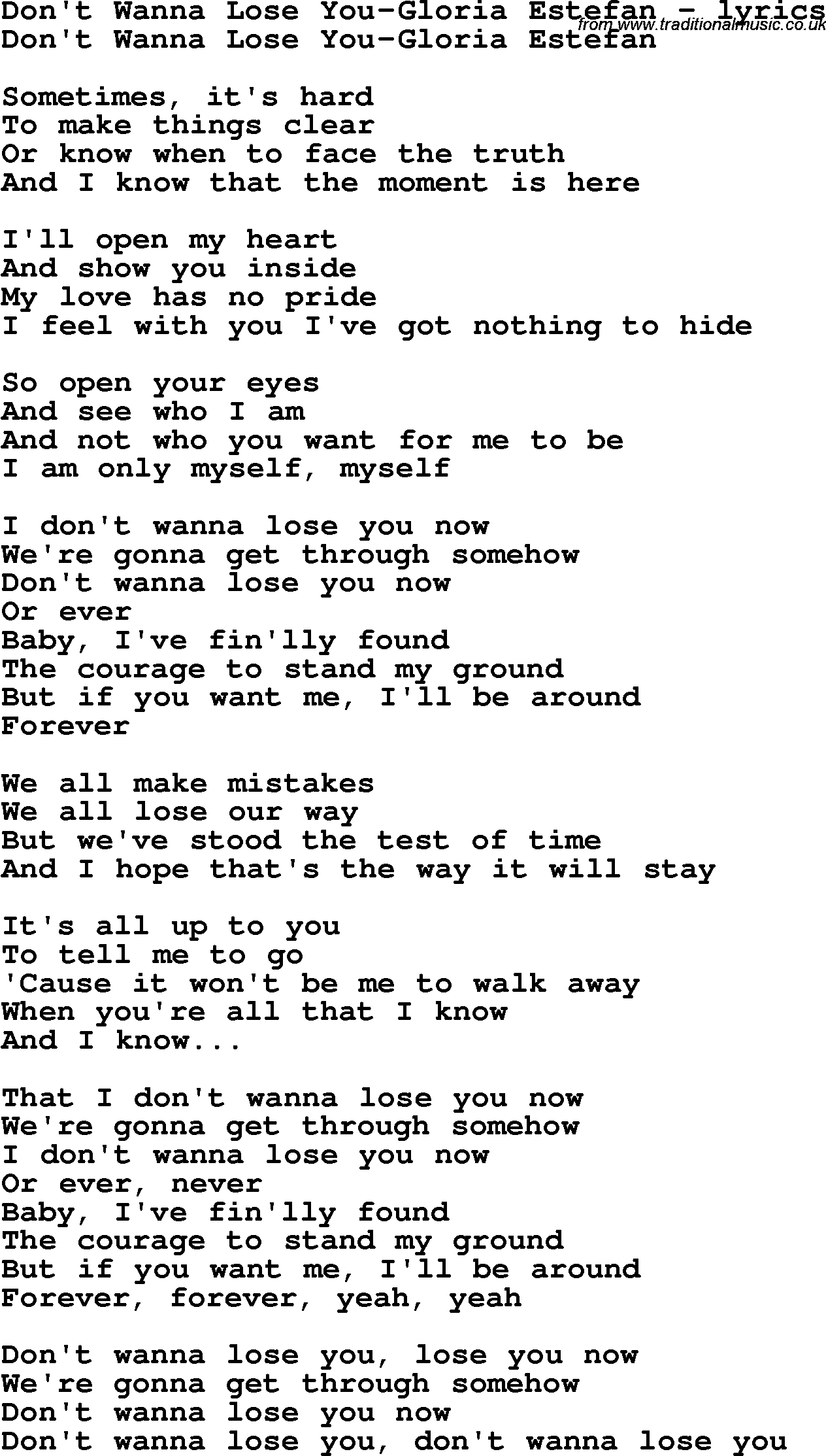 Love Song Lyrics for: Don't Wanna Lose You-Gloria Estefan