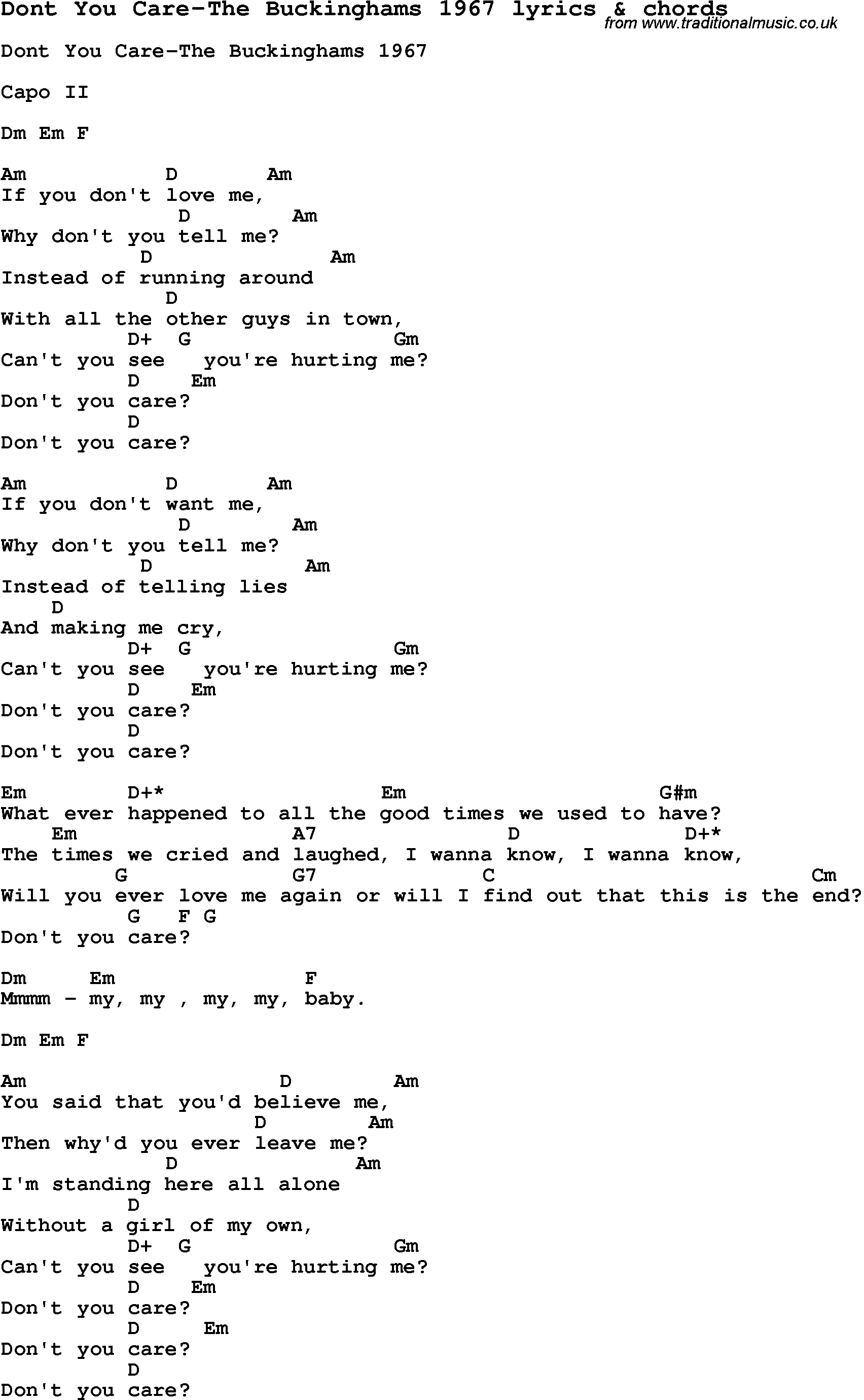 Love Song Lyrics for: Dont You Care-The Buckinghams 1967 with chords for Ukulele, Guitar Banjo etc.