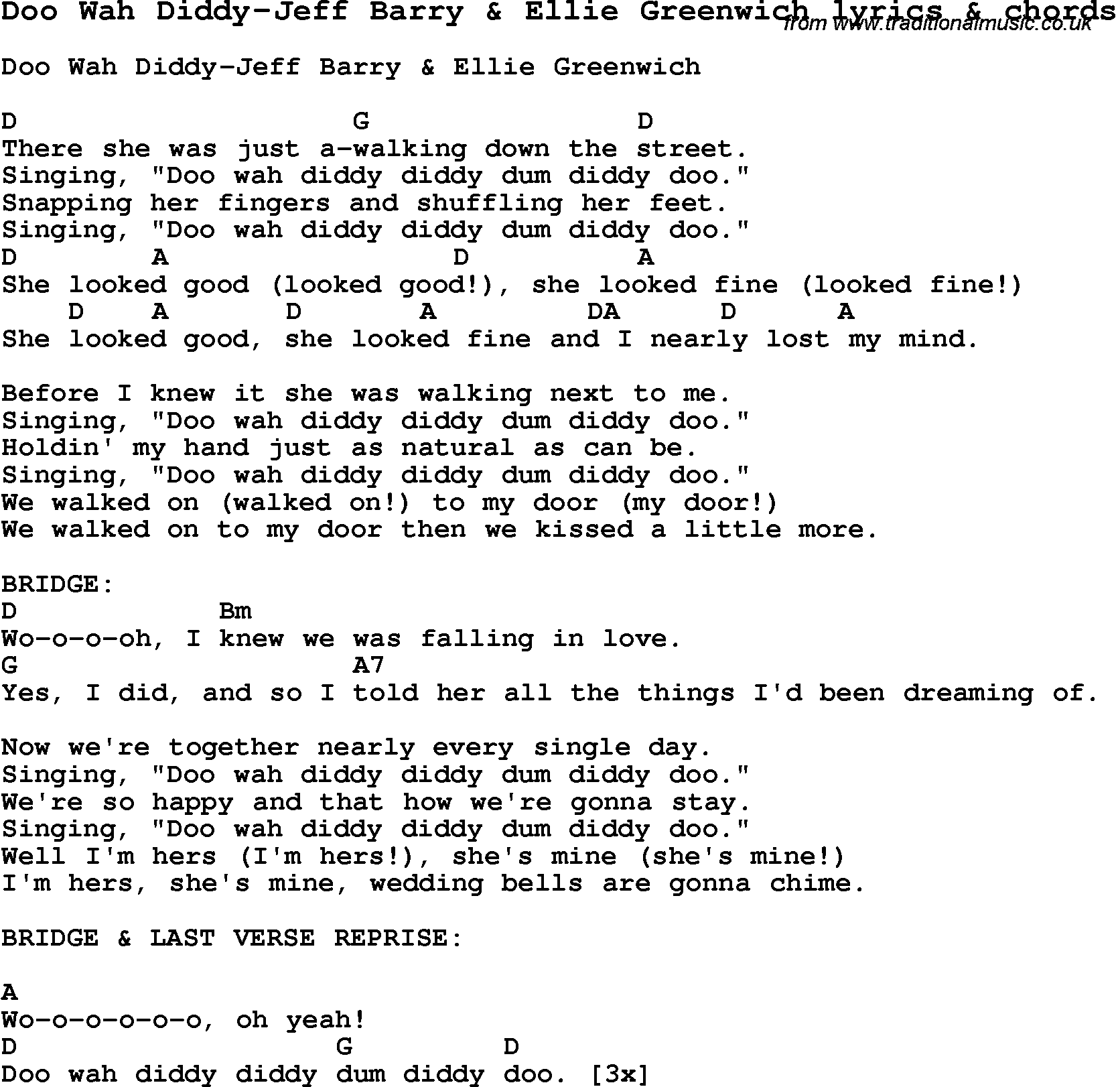 Love Song Lyrics for: Doo Wah Diddy-Jeff Barry & Ellie Greenwich with chords for Ukulele, Guitar Banjo etc.