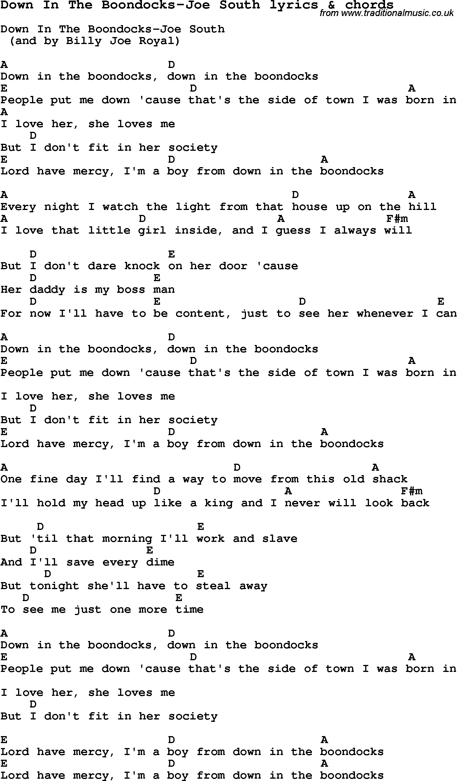 Love Song Lyrics for: Down In The Boondocks-Joe South with chords for Ukulele, Guitar Banjo etc.
