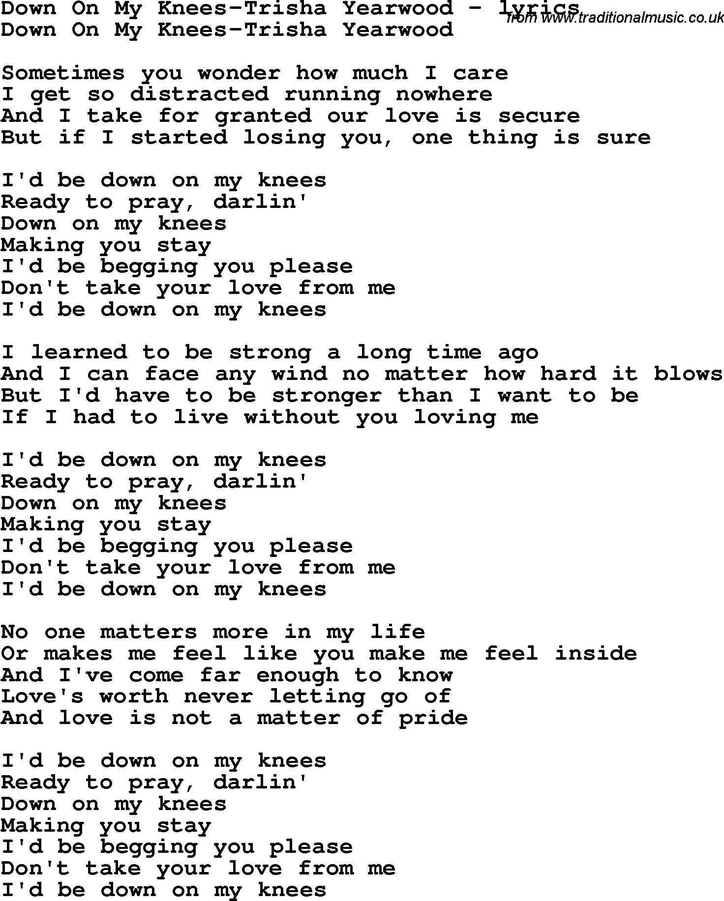 Love Song Lyrics for: Down On My Knees-Trisha Yearwood