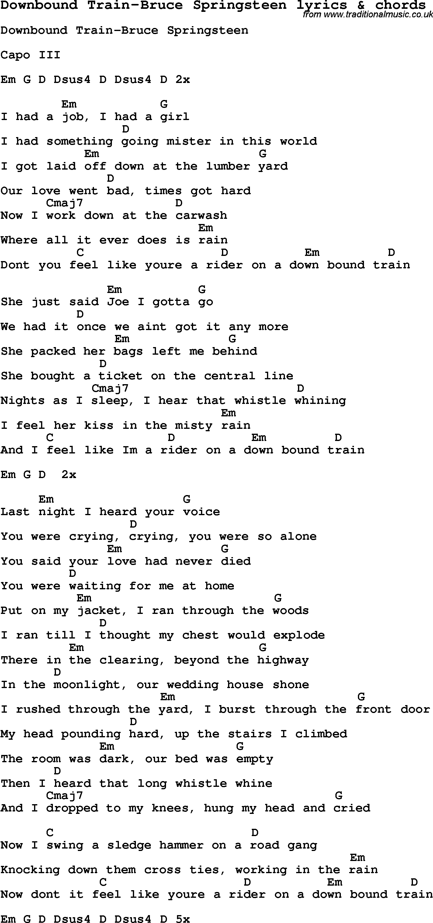 Love Song Lyrics for: Downbound Train-Bruce Springsteen with chords for Ukulele, Guitar Banjo etc.