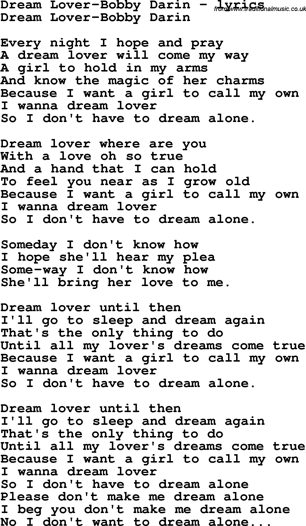 Love Song Lyrics for: Dream Lover-Bobby Darin
