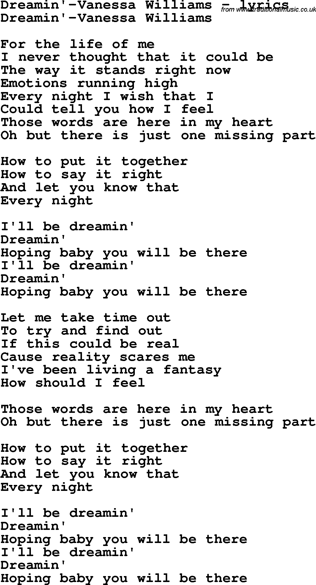 Love Song Lyrics for: Dreamin'-Vanessa Williams