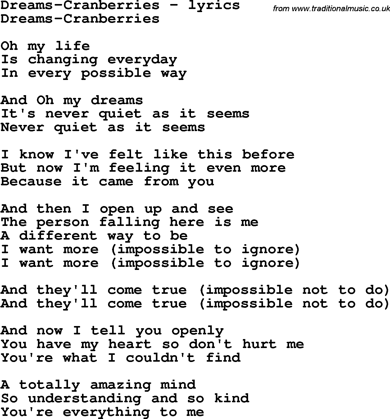 Love Song Lyrics for: Dreams-Cranberries