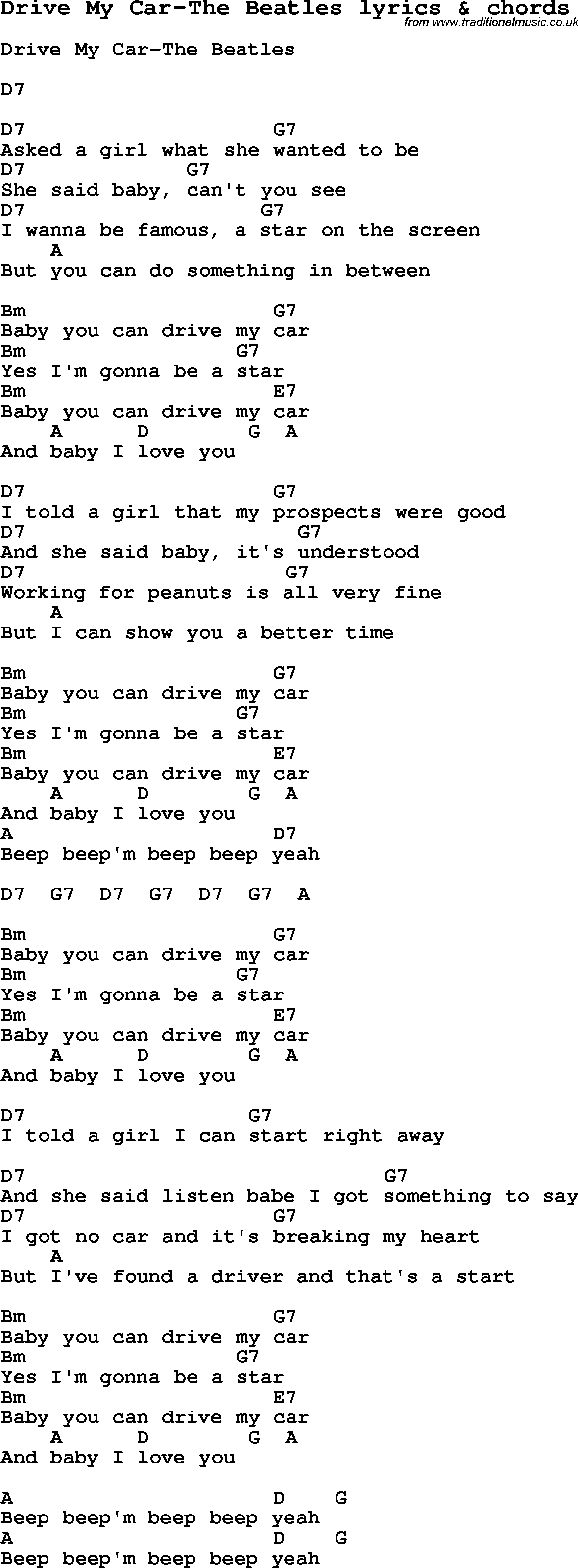 Love Song Lyrics for: Drive My Car-The Beatles with chords for Ukulele, Guitar Banjo etc.