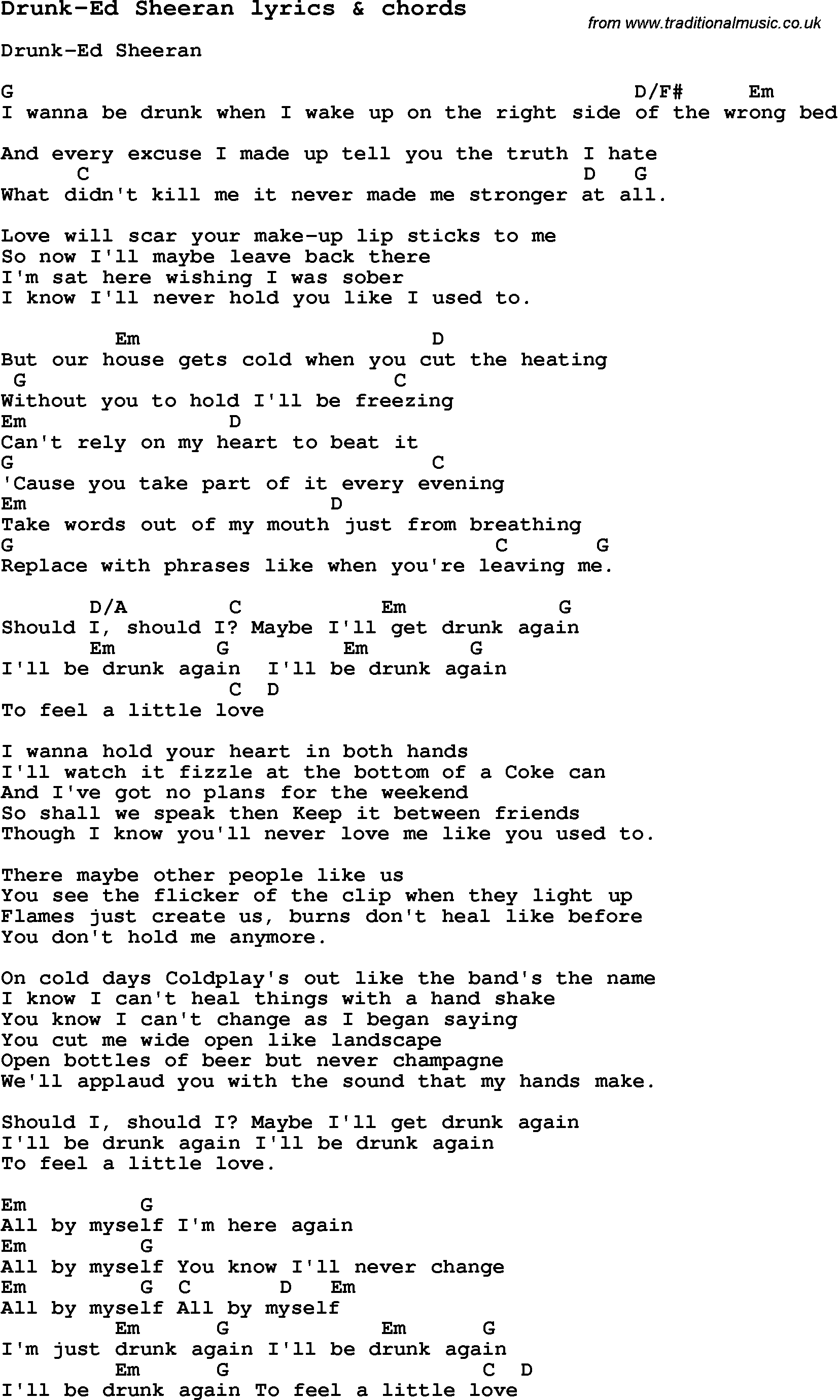 Love Song Lyrics for: Drunk-Ed Sheeran with chords for Ukulele, Guitar Banjo etc.