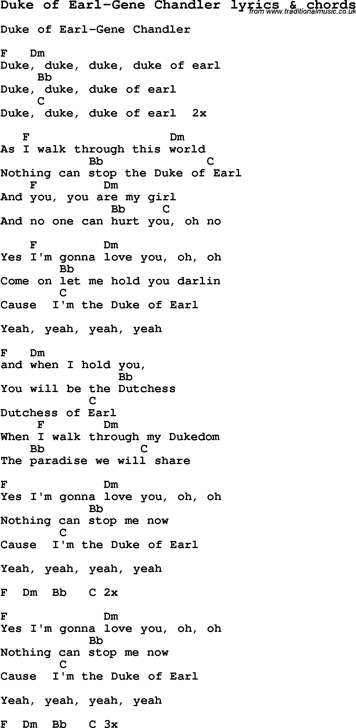 Love Song Lyrics for: Duke of Earl-Gene Chandler with chords for Ukulele, Guitar Banjo etc.