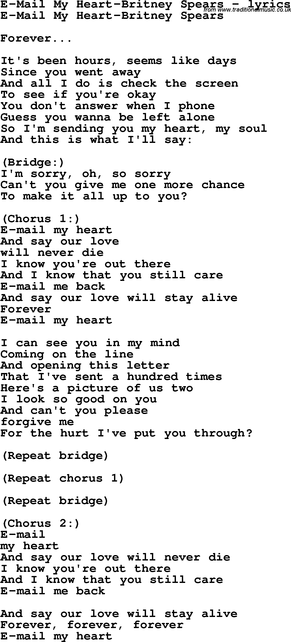 Love Song Lyrics for: E-Mail My Heart-Britney Spears