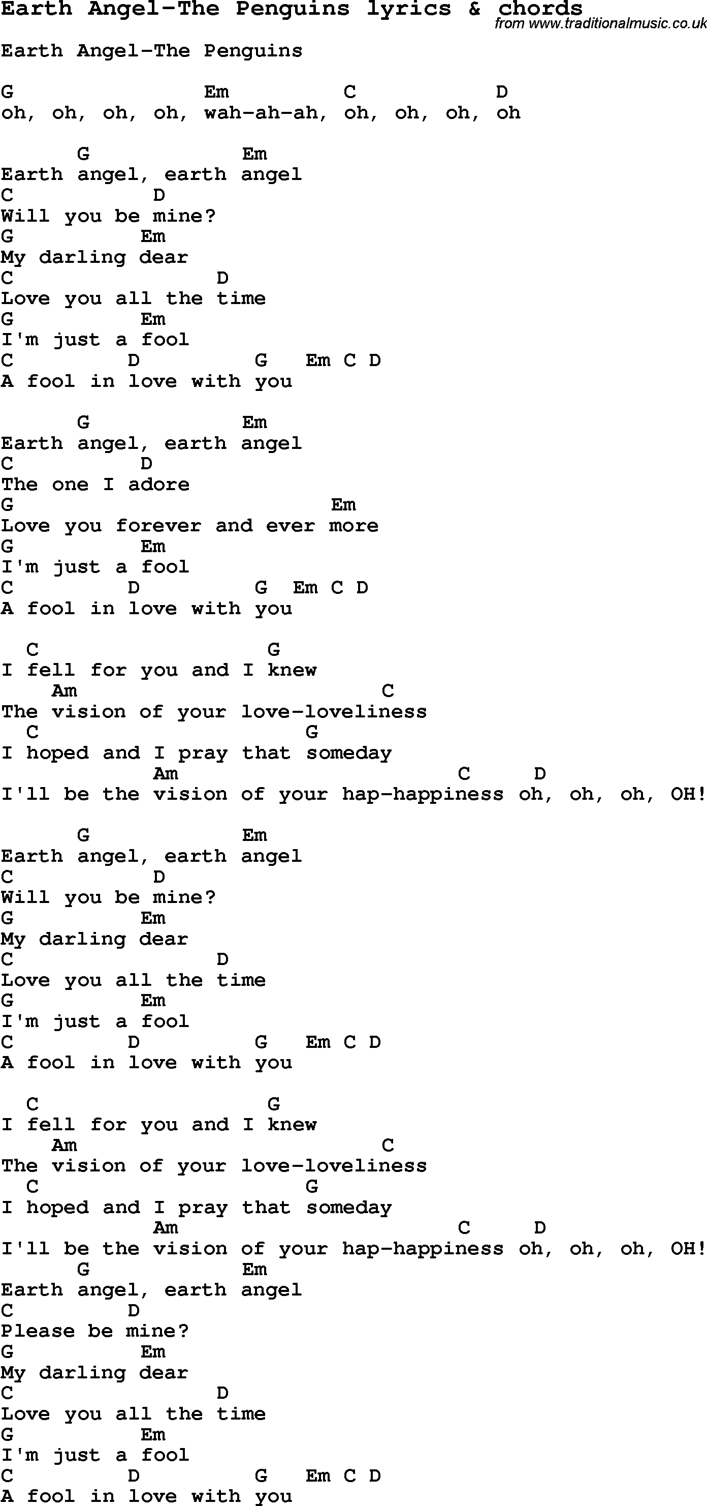 Love Song Lyrics for: Earth Angel-The Penguins with chords for Ukulele, Guitar Banjo etc.