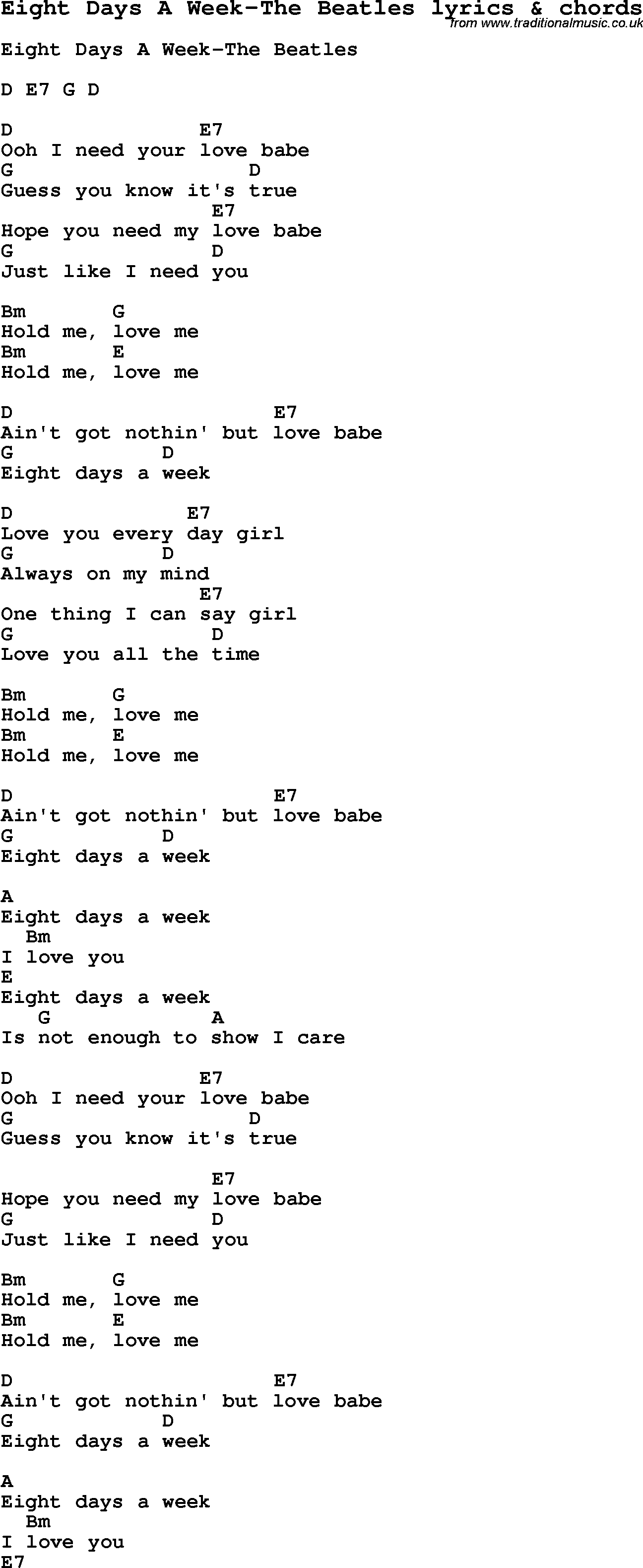 Love Song Lyrics for: Eight Days A Week-The Beatles with chords for Ukulele, Guitar Banjo etc.