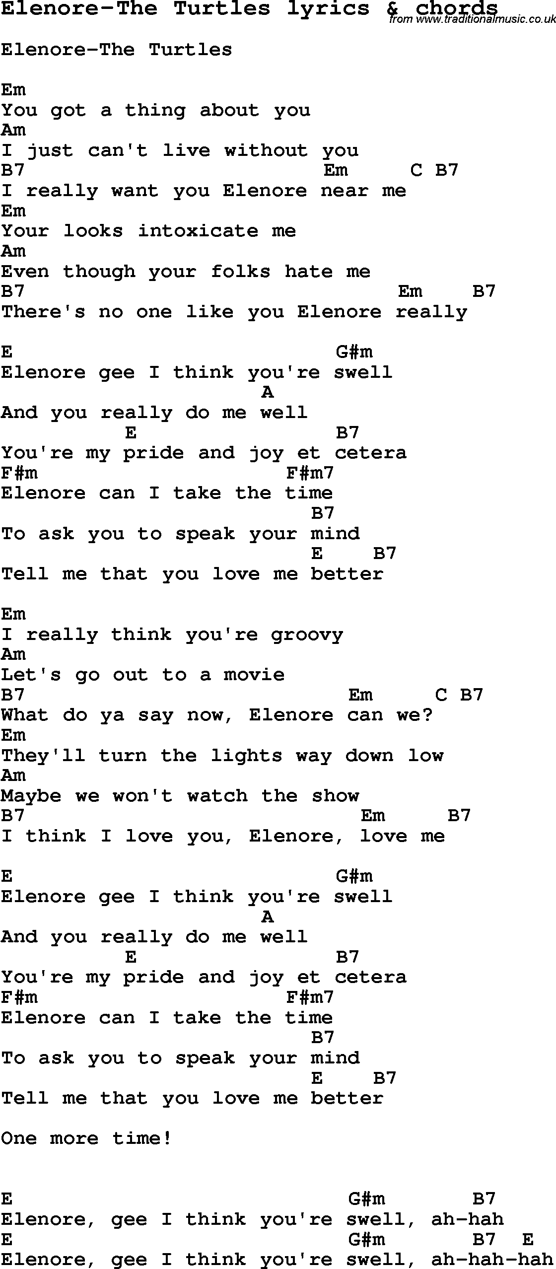 Love Song Lyrics for: Elenore-The Turtles with chords for Ukulele, Guitar Banjo etc.