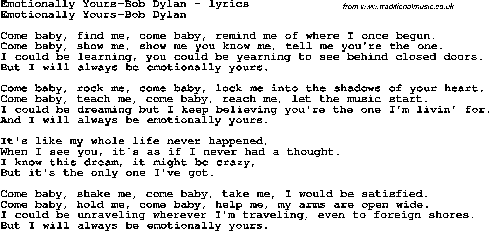 Love Song Lyrics for: Emotionally Yours-Bob Dylan