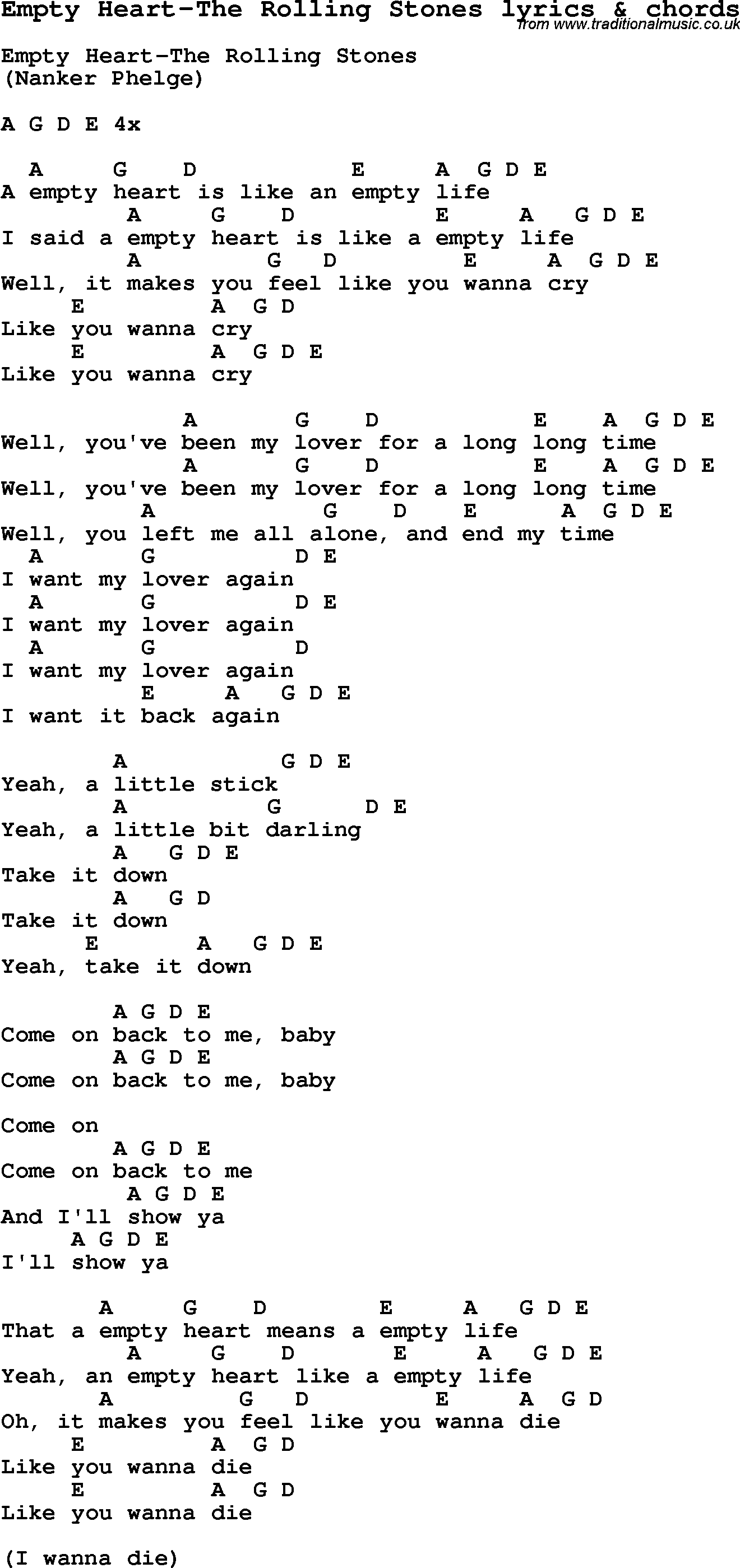 Love Song Lyrics for: Empty Heart-The Rolling Stones with chords for Ukulele, Guitar Banjo etc.