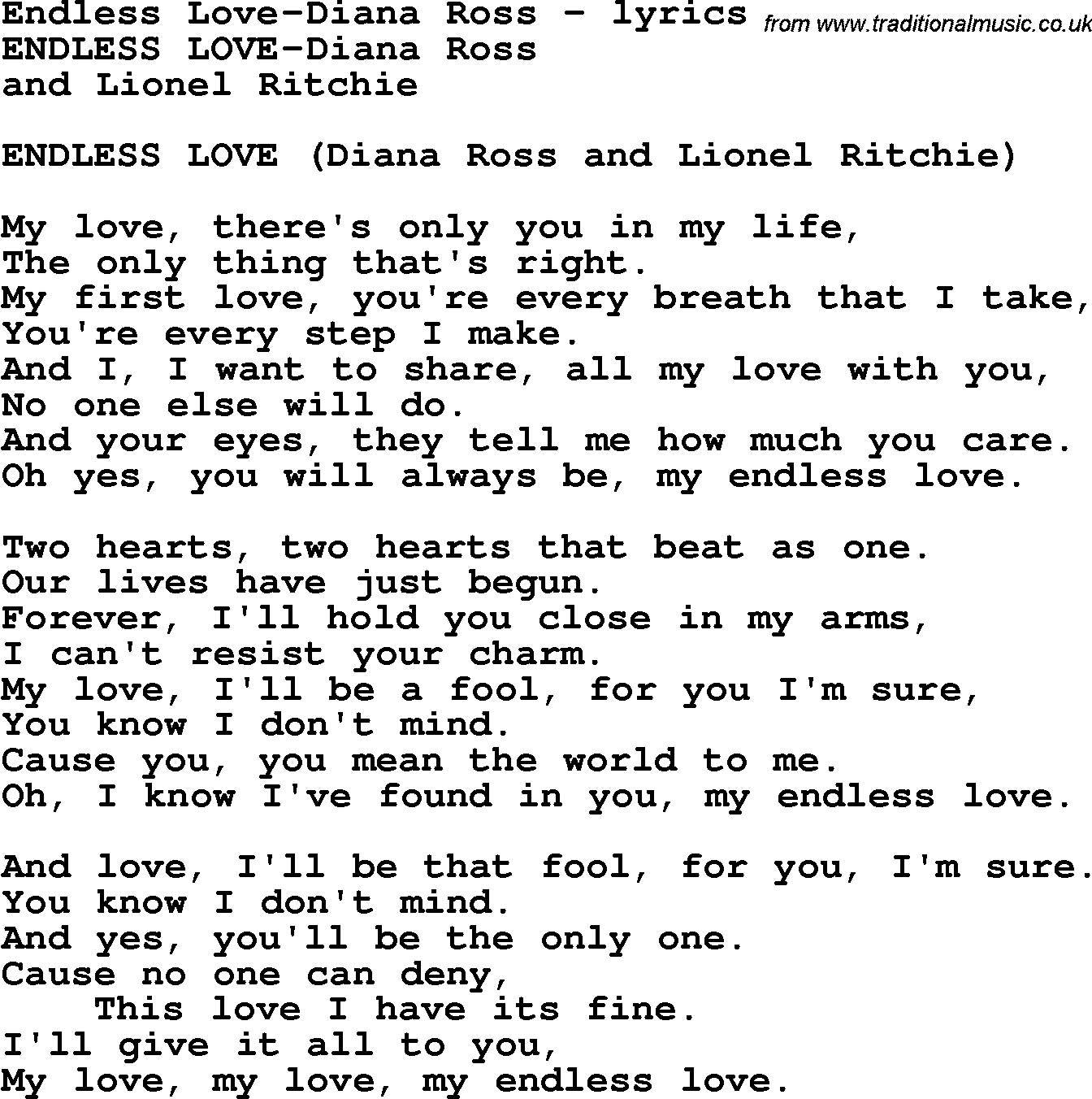 Love Song Lyrics for: Endless Love-Diana Ross