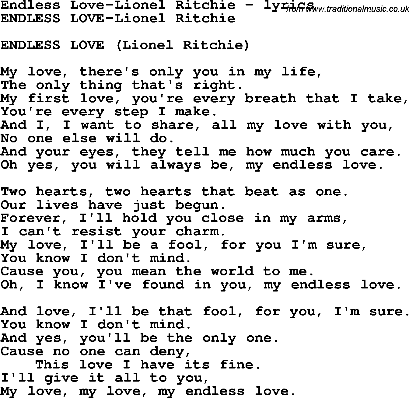 Love Song Lyrics for: Endless Love-Lionel Ritchie