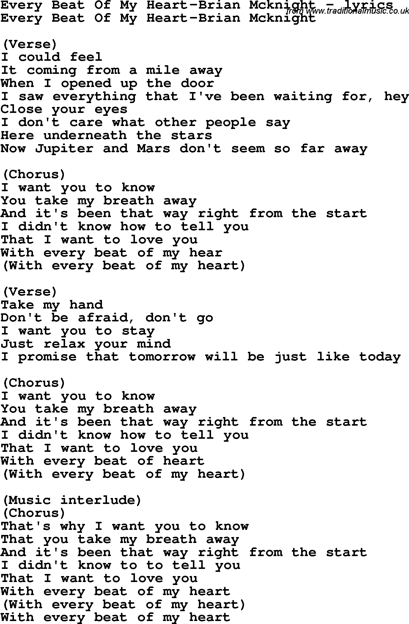 Love Song Lyrics for: Every Beat Of My Heart-Brian Mcknight