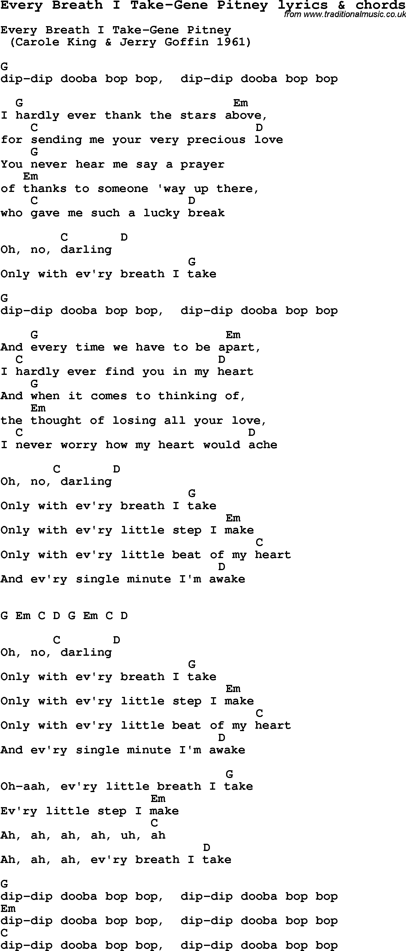 Love Song Lyrics for: Every Breath I Take-Gene Pitney with chords for Ukulele, Guitar Banjo etc.