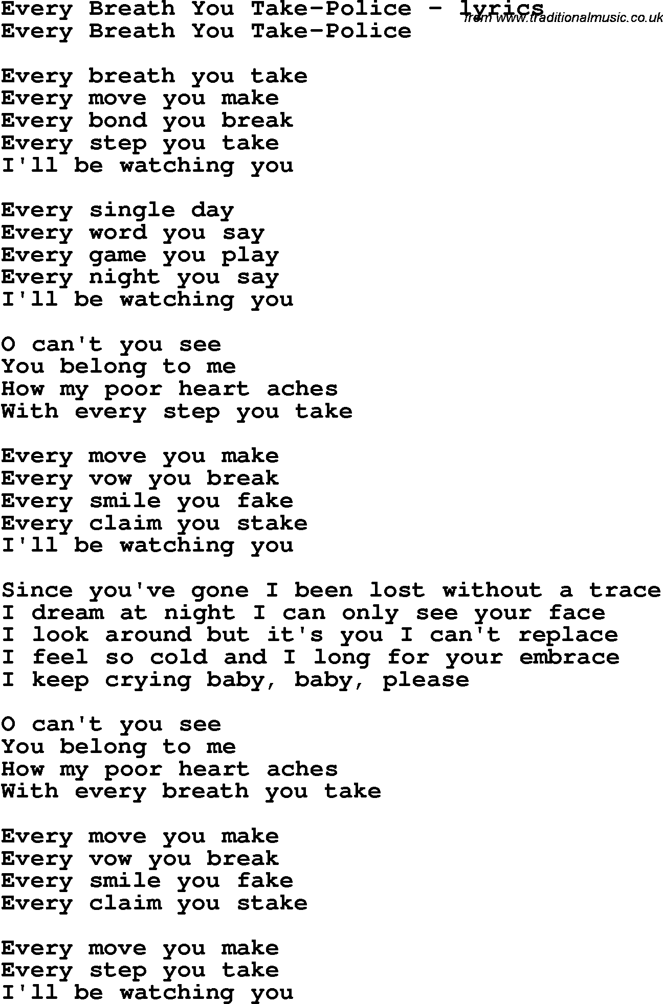 Love Song Lyrics for: Every Breath You Take-Police