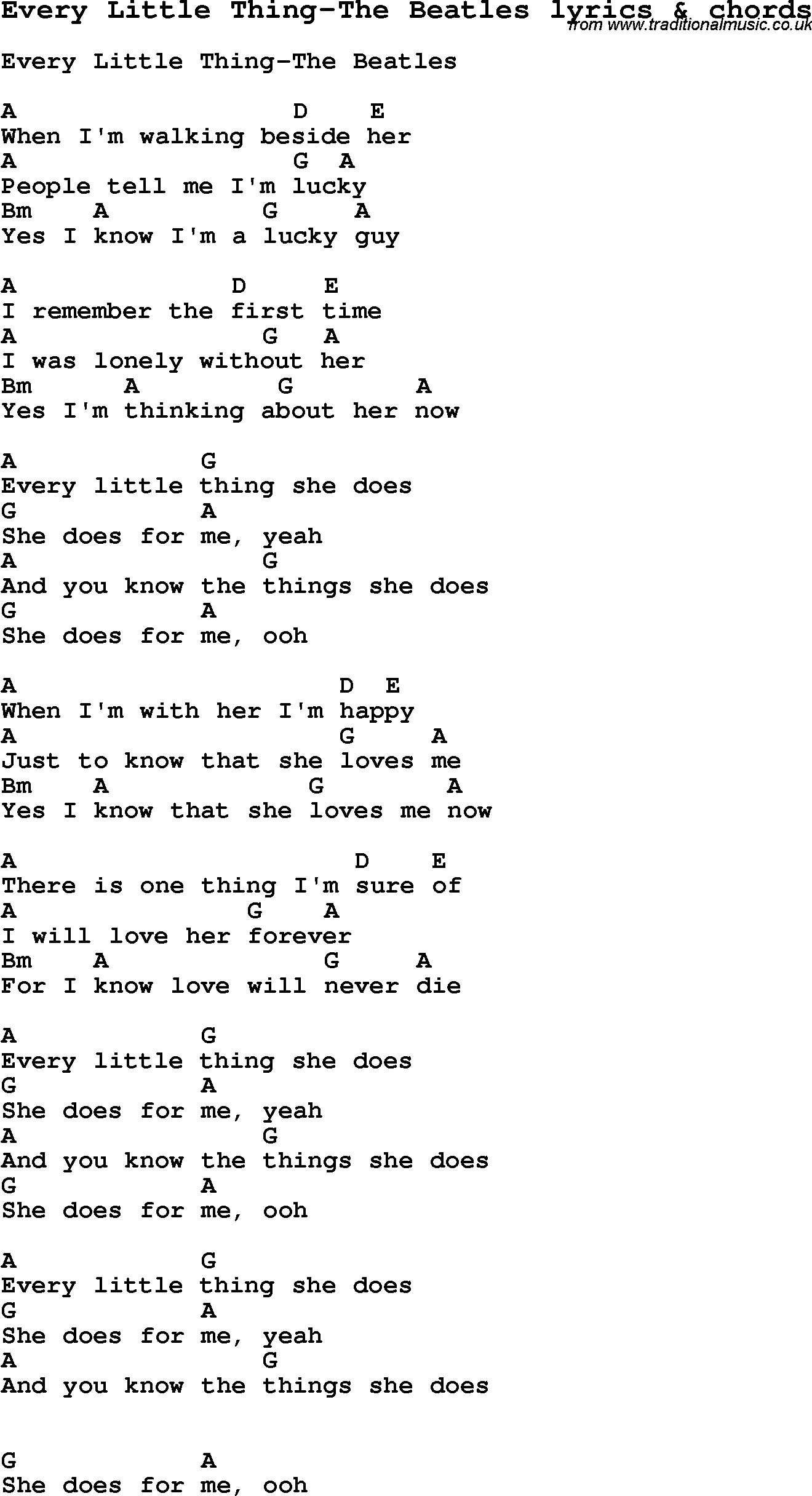 Love Song Lyrics for: Every Little Thing-The Beatles with chords for Ukulele, Guitar Banjo etc.