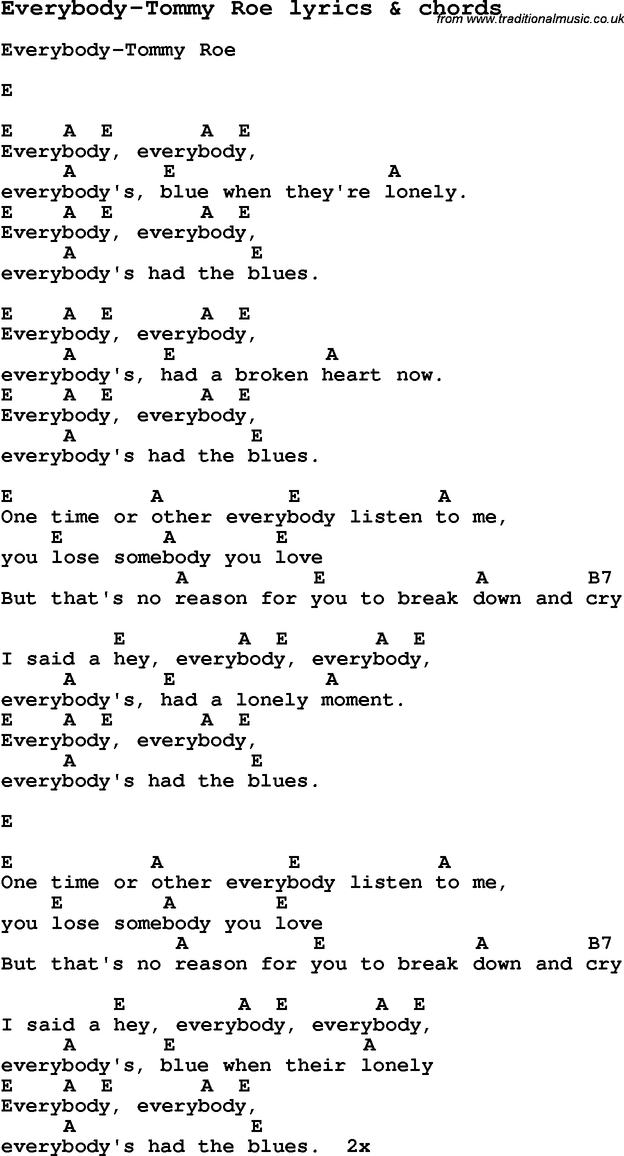 Love Song Lyrics for: Everybody-Tommy Roe with chords for Ukulele, Guitar Banjo etc.