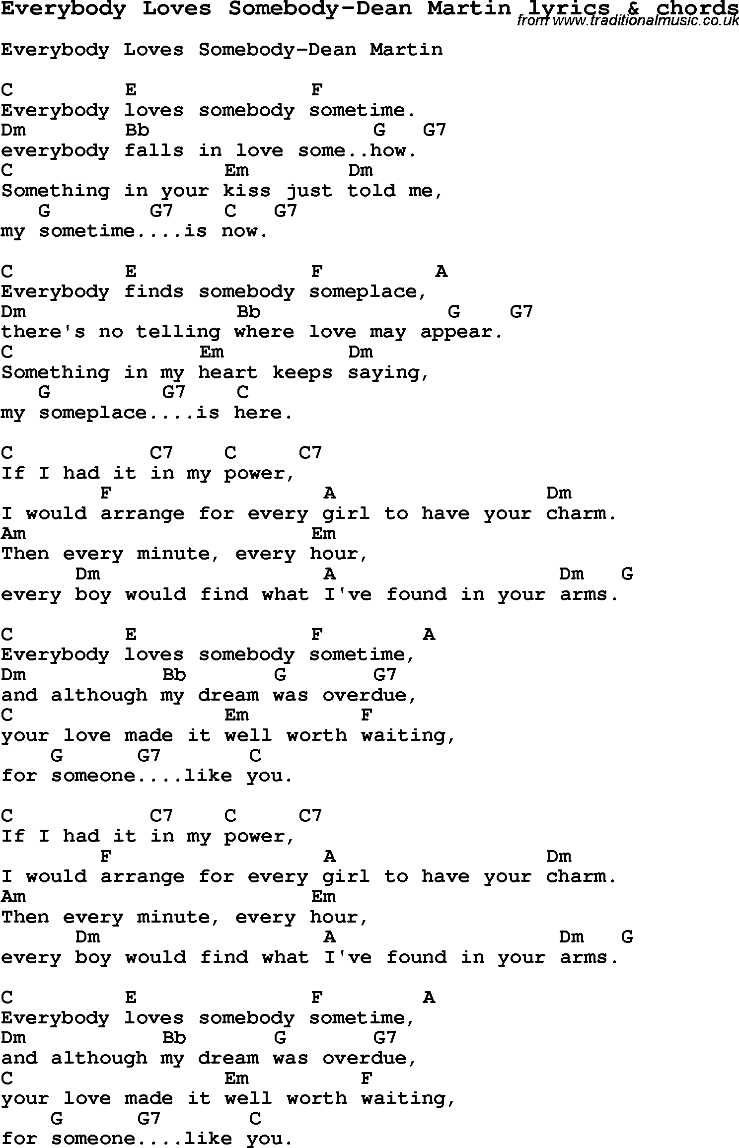 Love Song Lyrics for: Everybody Loves Somebody-Dean Martin with chords for Ukulele, Guitar Banjo etc.