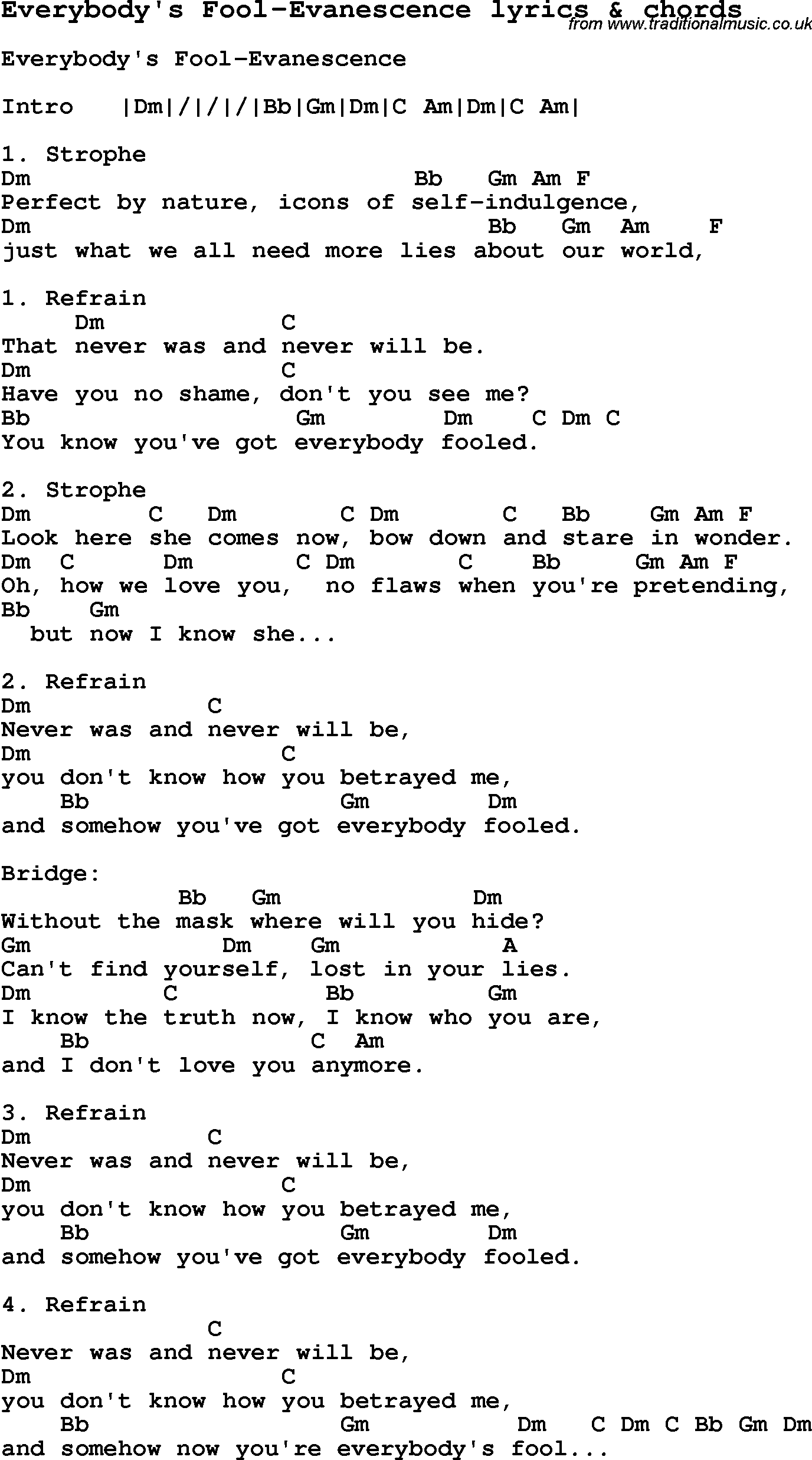 Love Song Lyrics for: Everybody's Fool-Evanescence with chords for Ukulele, Guitar Banjo etc.