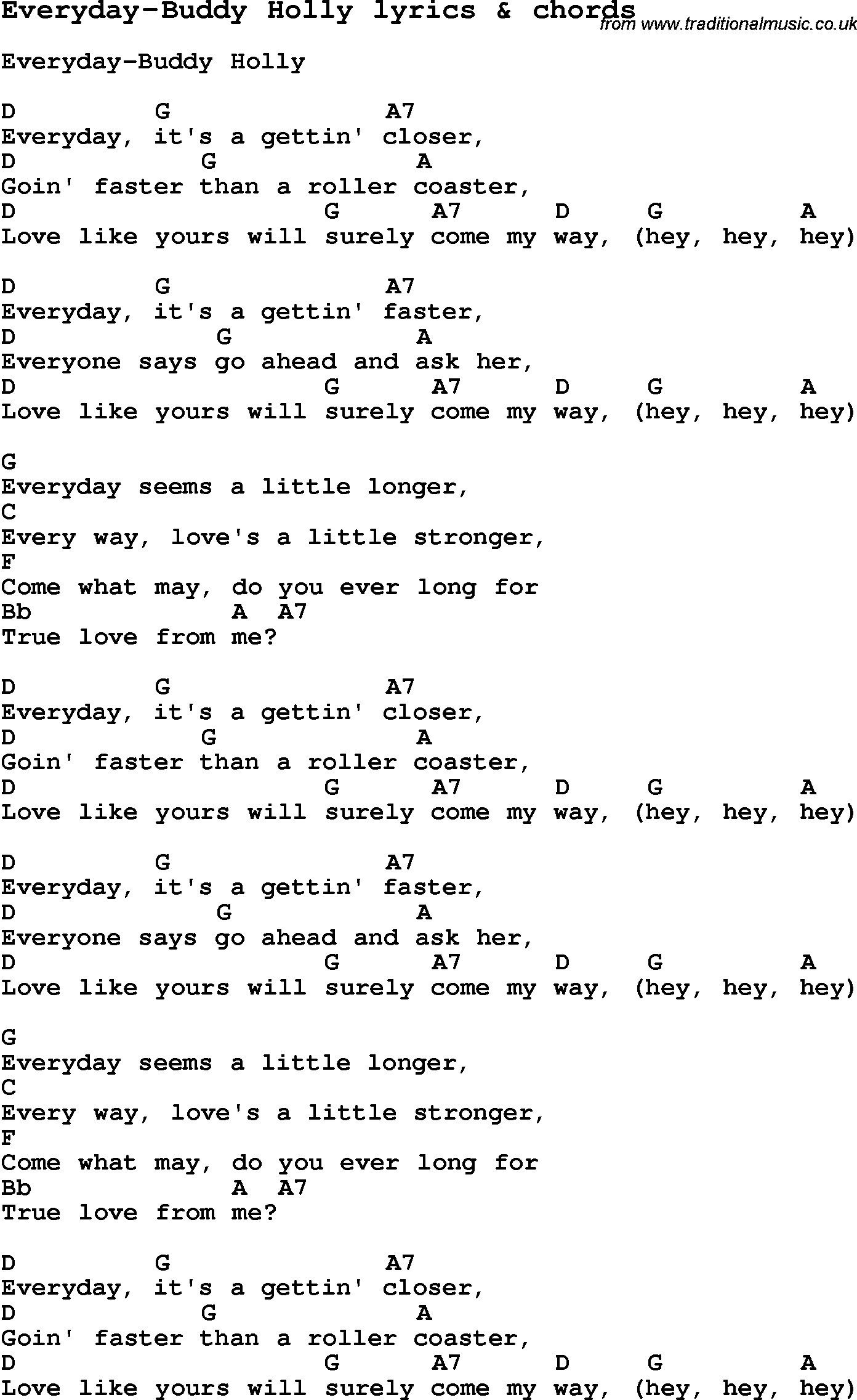 Love Song Lyrics for: Everyday-Buddy Holly with chords for Ukulele, Guitar Banjo etc.