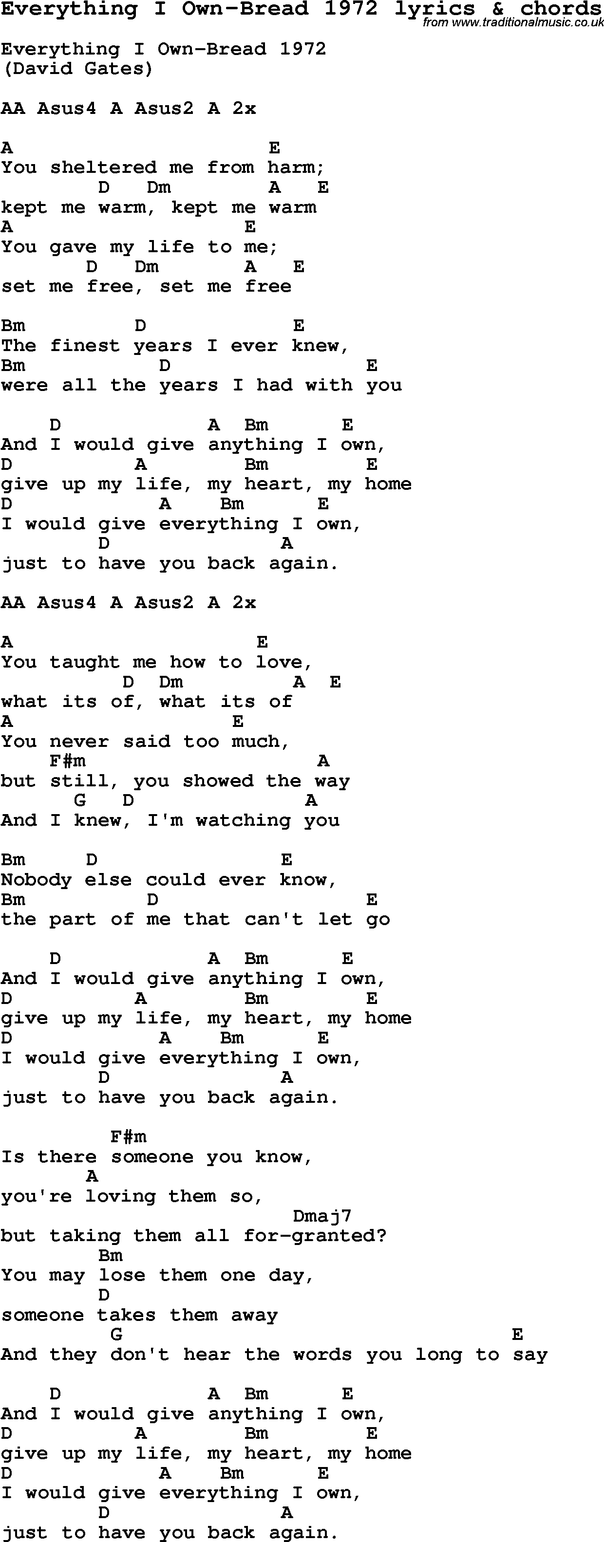 Love Song Lyrics for: Everything I Own-Bread 1972 with chords for Ukulele, Guitar Banjo etc.