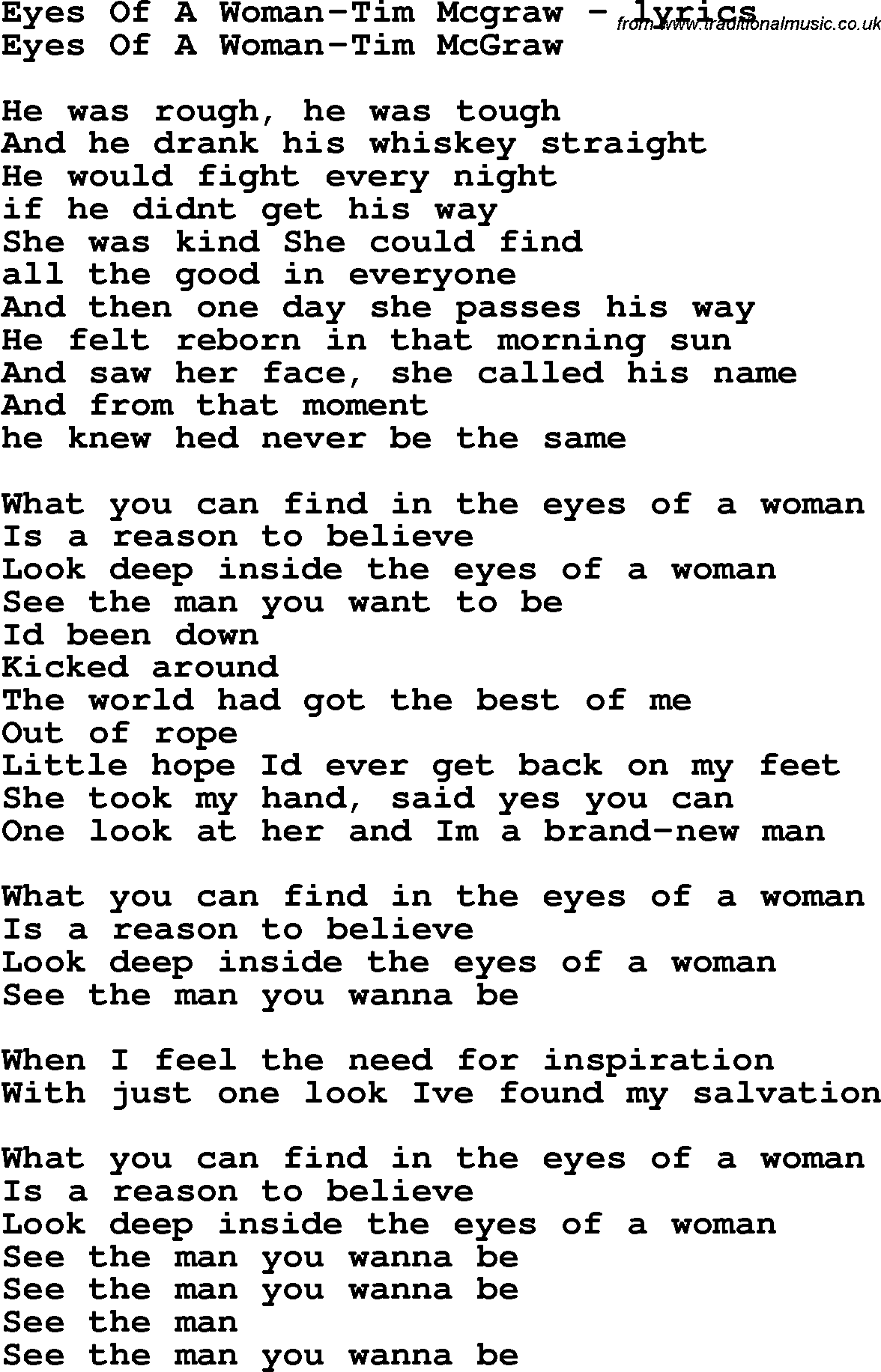 Love Song Lyrics for: Eyes Of A Woman-Tim Mcgraw