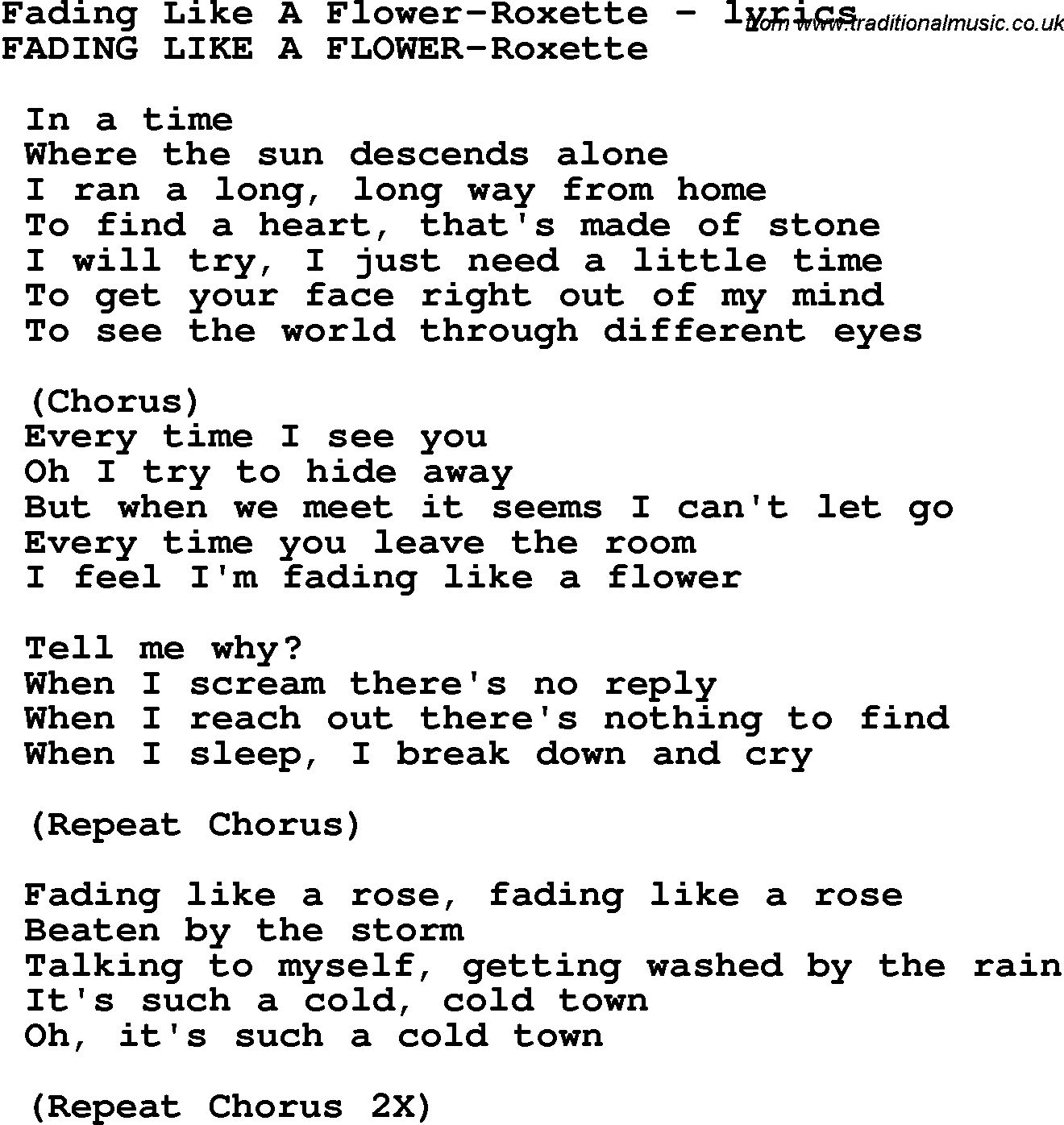 Love Song Lyrics for: Fading Like A Flower-Roxette