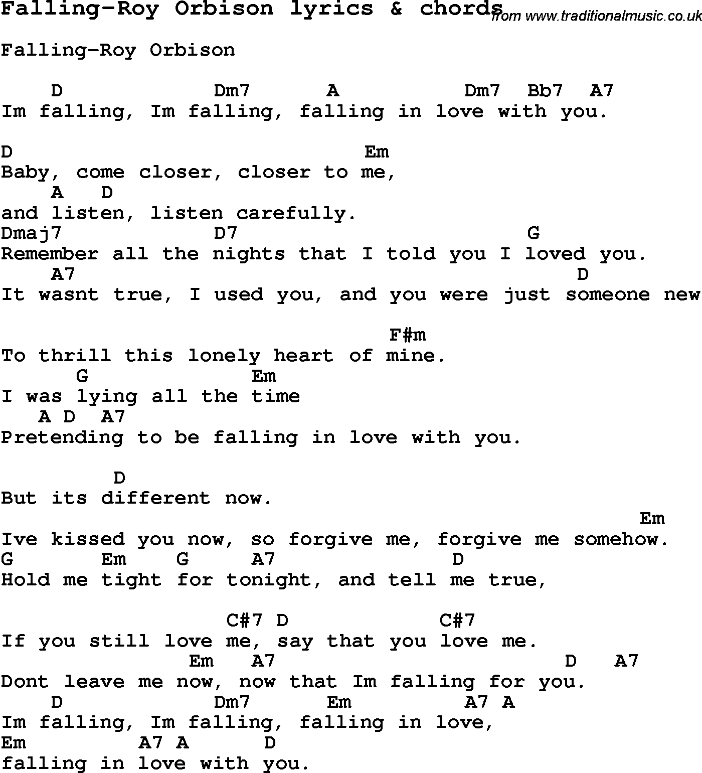 Love Song Lyrics for: Falling-Roy Orbison with chords for Ukulele, Guitar Banjo etc.
