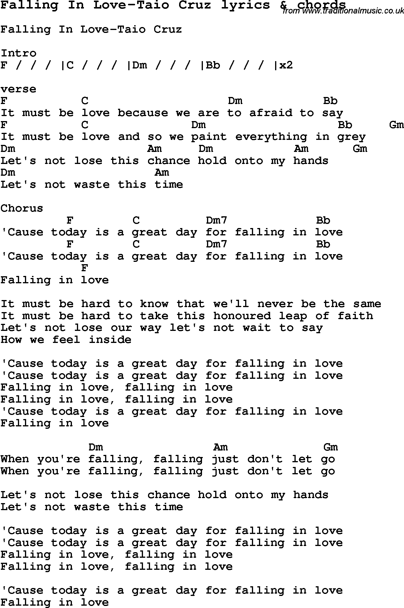 Love Song Lyrics for: Falling In Love-Taio Cruz with chords for Ukulele, Guitar Banjo etc.
