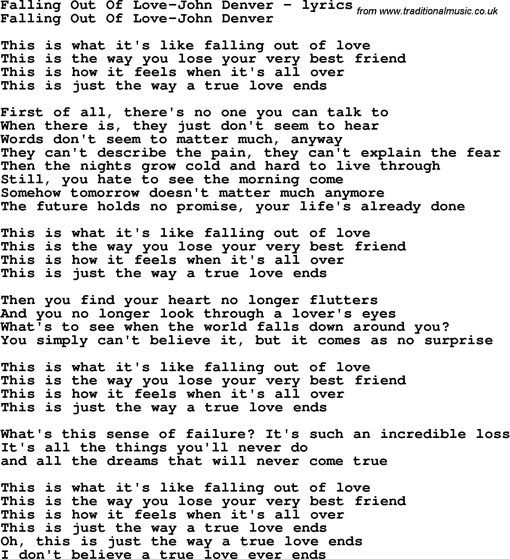 Love Song Lyrics for: Falling Out Of Love-John Denver