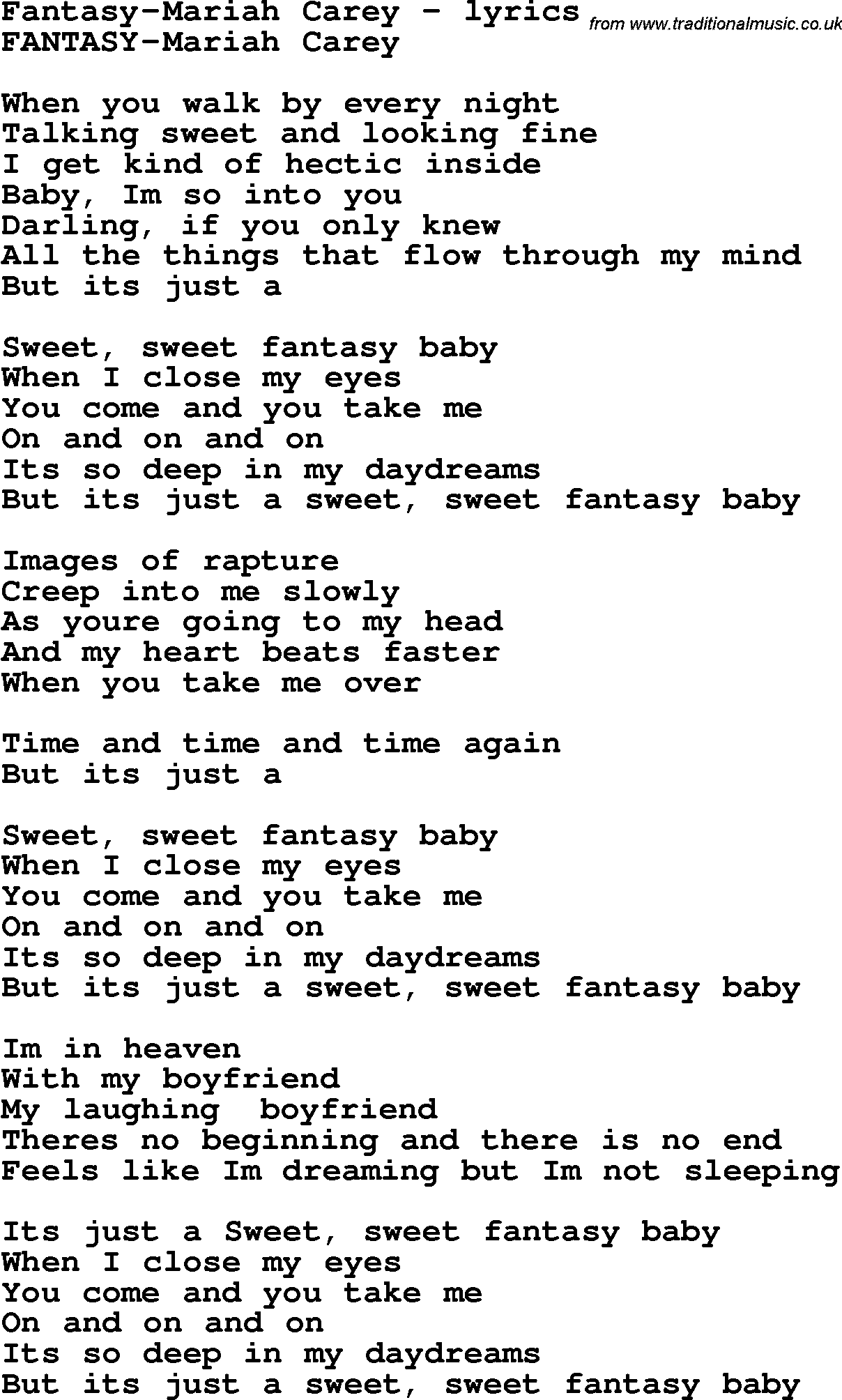 Love Song Lyrics for: Fantasy-Mariah Carey