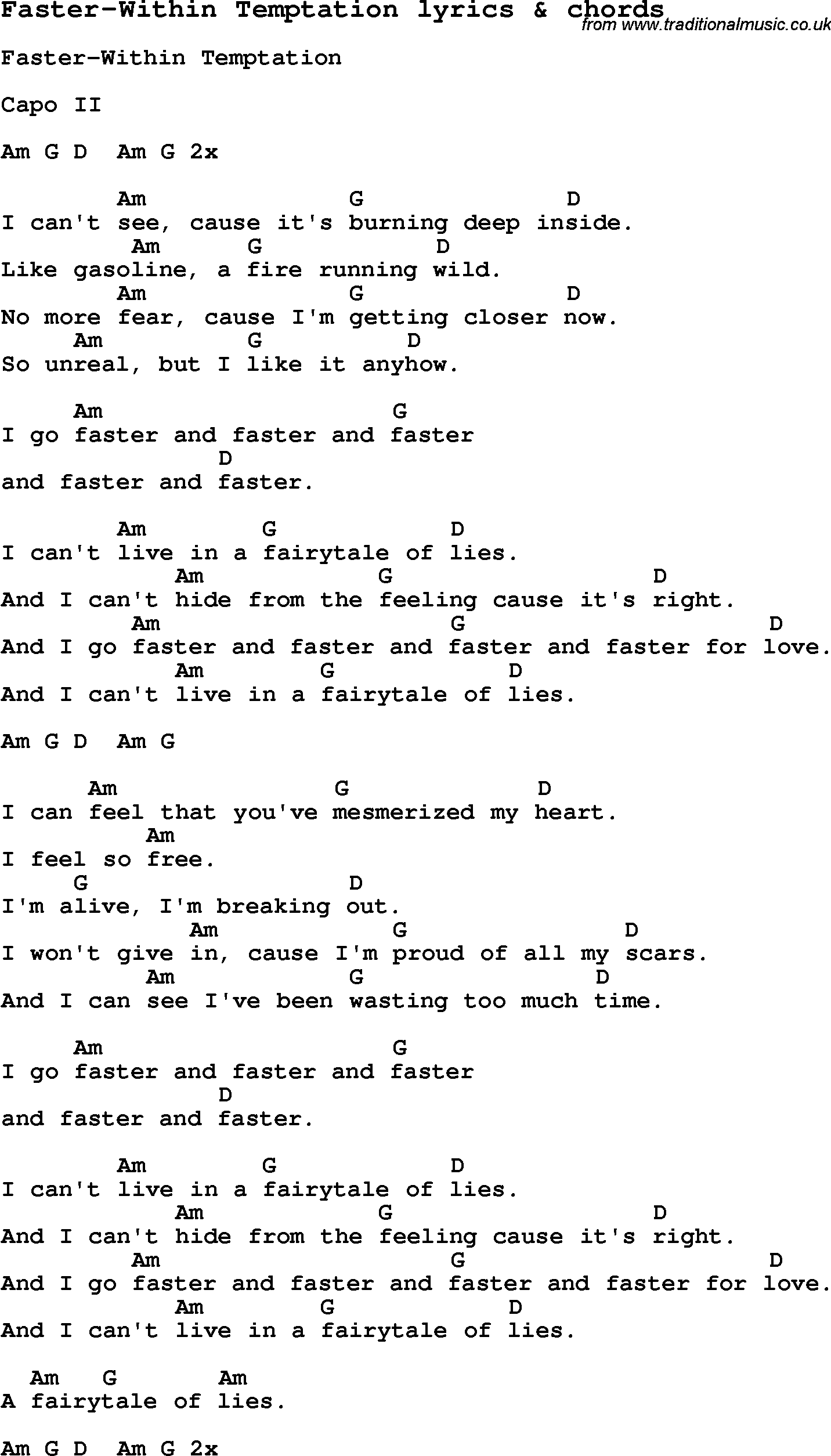 Love Song Lyrics for: Faster-Within Temptation with chords for Ukulele, Guitar Banjo etc.