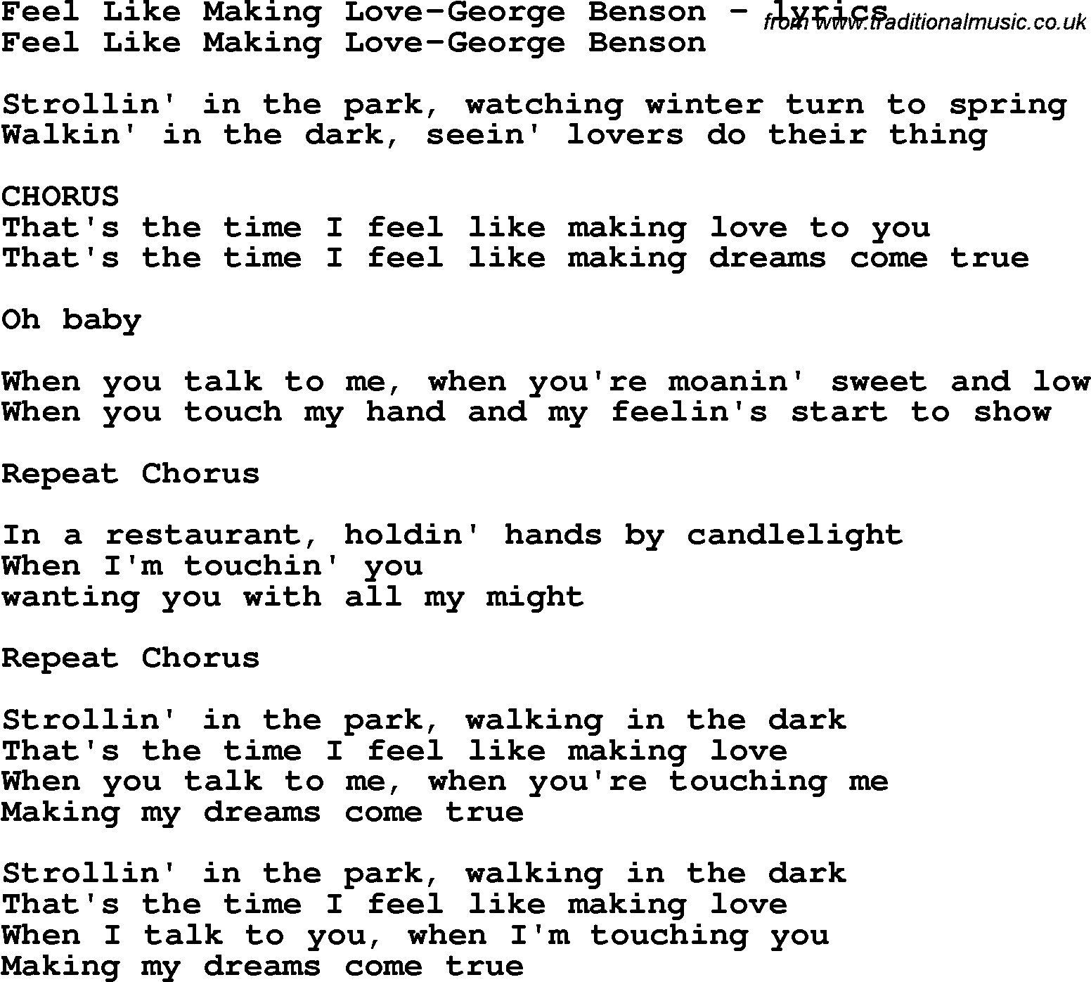 Love Song Lyrics for: Feel Like Making Love-George Benson