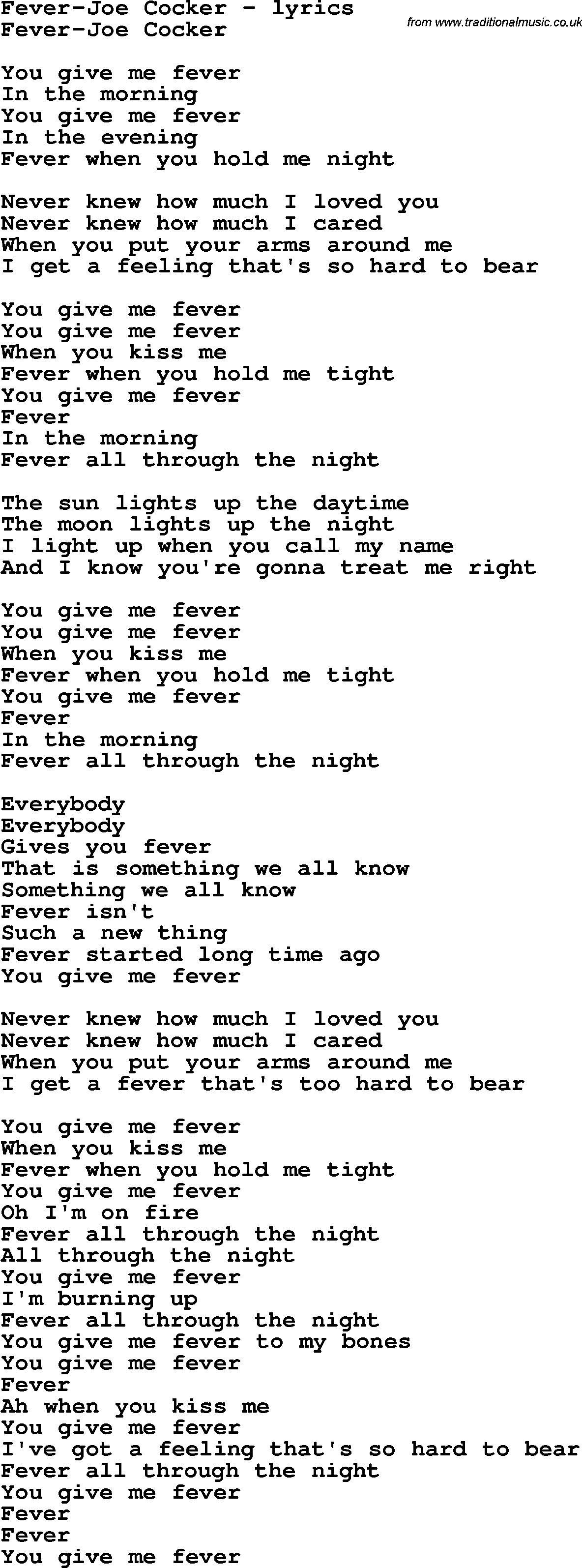 Love Song Lyrics for: Fever-Joe Cocker