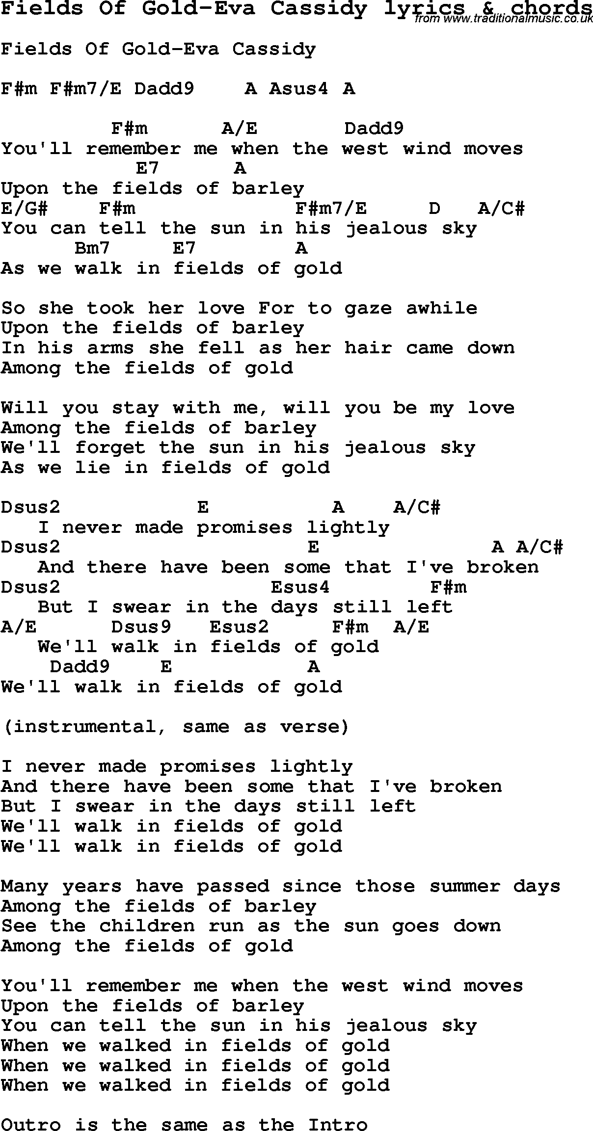 Love Song Lyrics for: Fields Of Gold-Eva Cassidy with chords for Ukulele, Guitar Banjo etc.