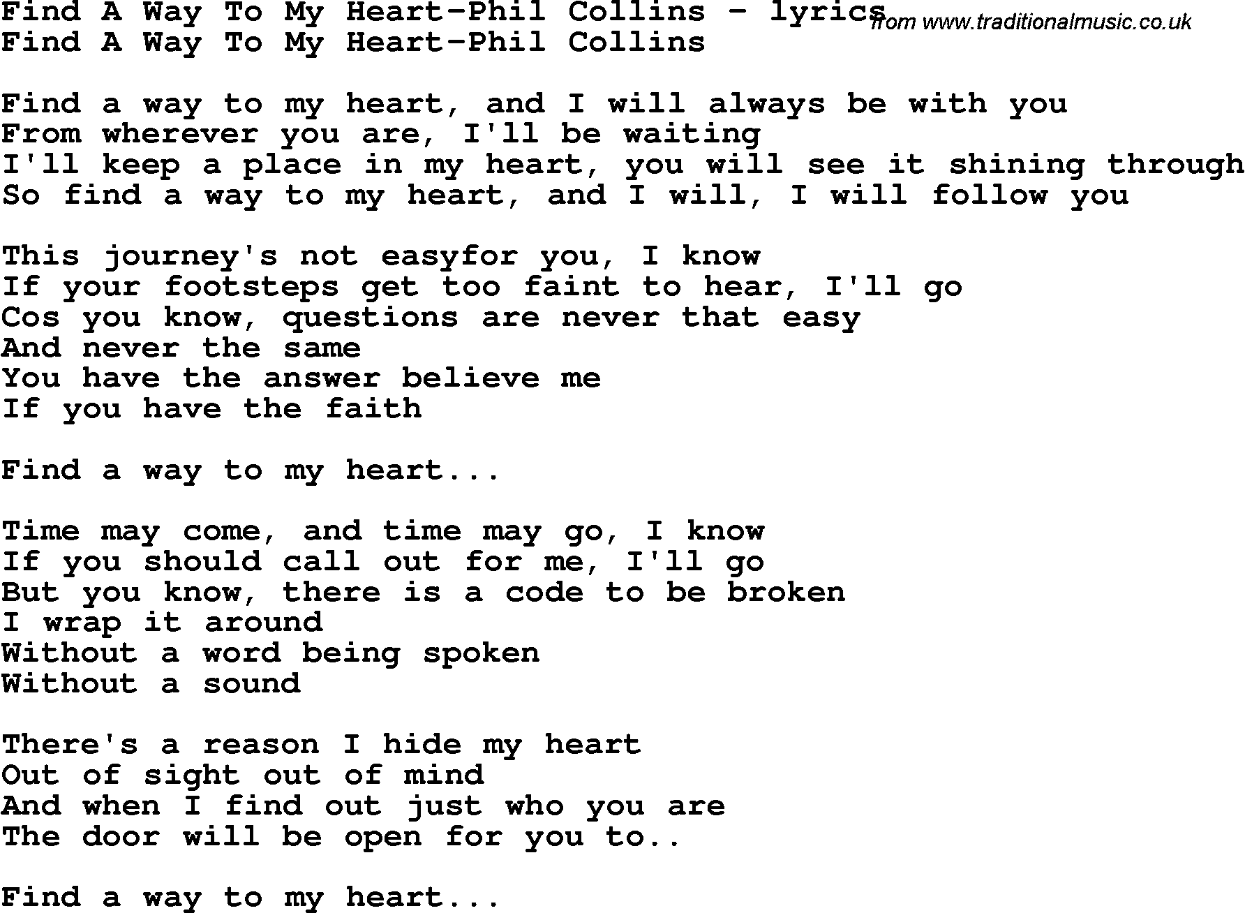 Love Song Lyrics for: Find A Way To My Heart-Phil Collins
